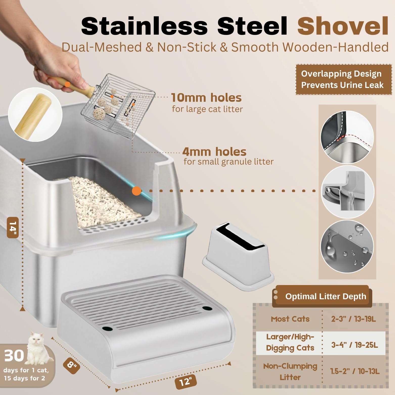 Fully Enclosed Xxl Stainless Steel Litter Box With Lid, 8    Deep Pan, Large Stainless Steel Cat Litter Box For Big Cat With Sco