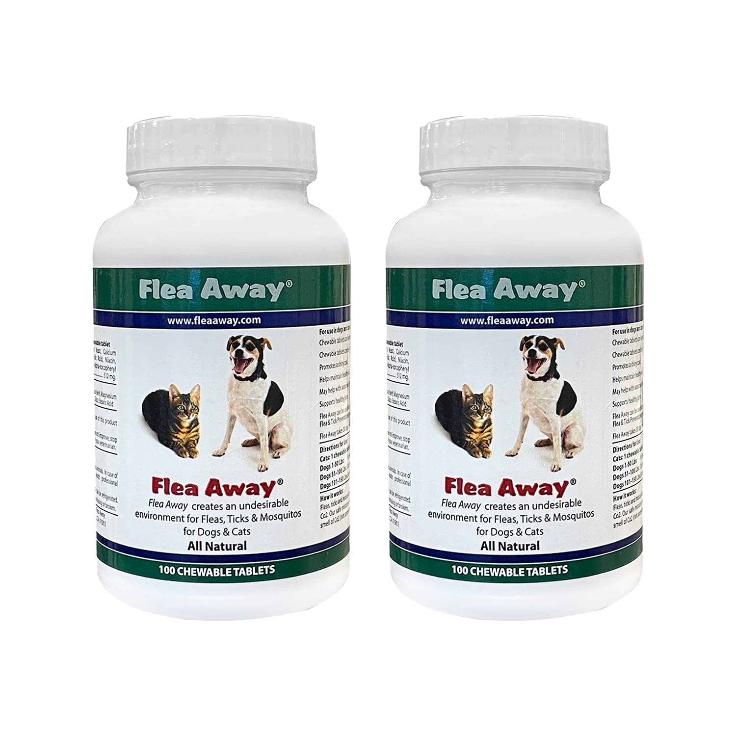 Flea Away All Natural Supplement for Fleas, Ticks, and Mosquitos Prevention for Dogs and Cats, 100 Chewable Treat Tablets, 2 Pac