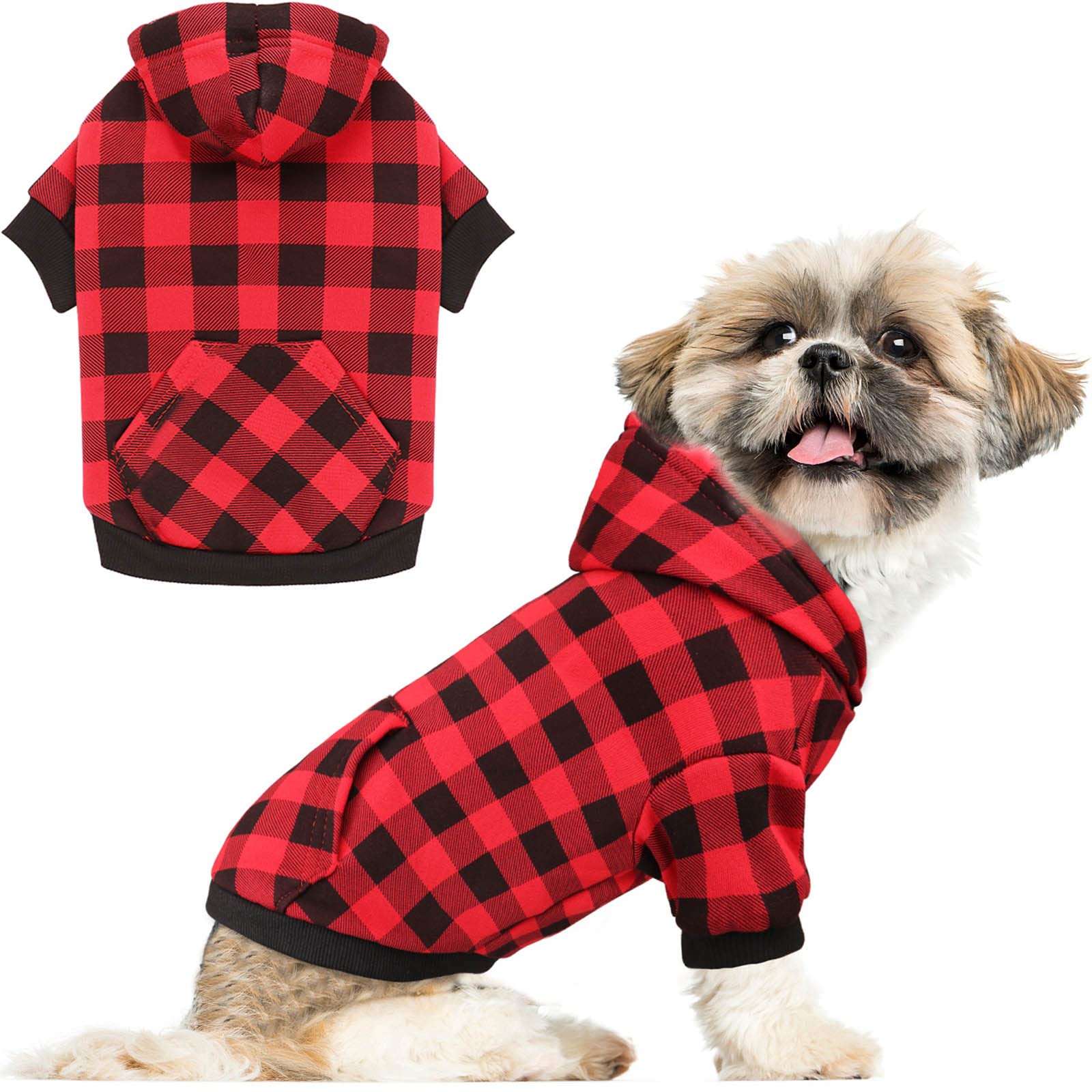 Buffalo Plaid Dog Sweater - Warm & Soft, Breathable, Cozy Small Dog Hoodie With Pocket (Xs)