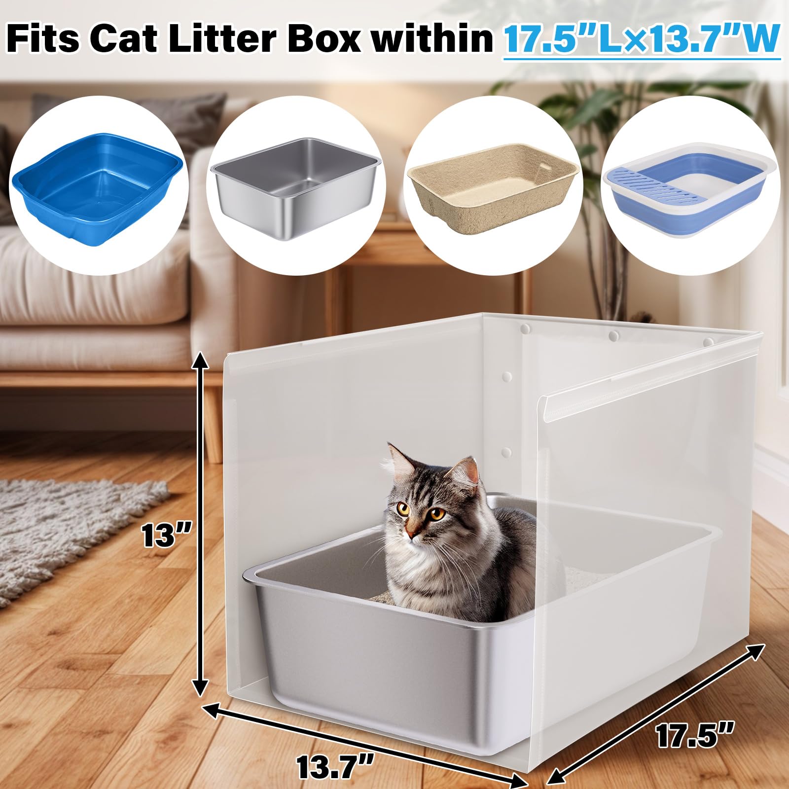 Holintan Litter Box Shield - High Sided Splash Guard, Large 17.5x13.7, Easy Clean, White Polypropylene for Cats