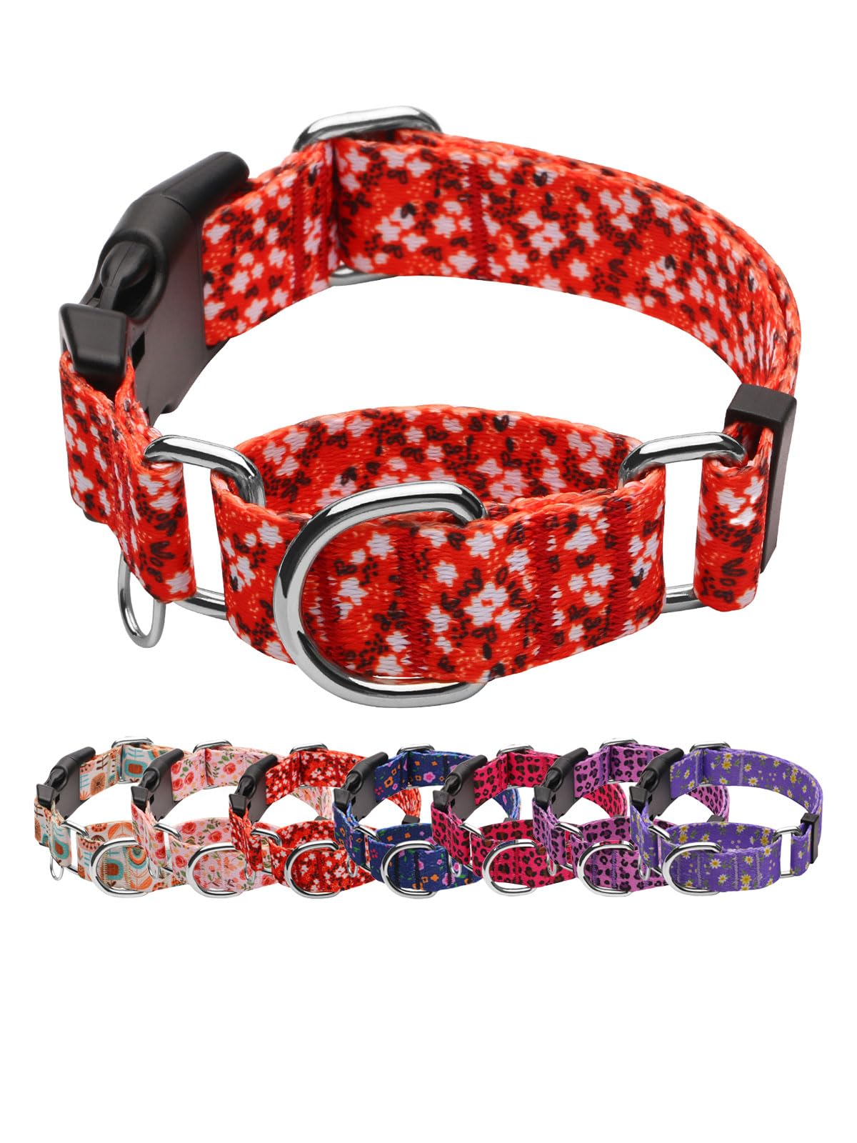 Joocpup Martingale Dog Collar With Tag Ring - Adjustable Soft Nylon No-Slip Design For Small, Medium & Large Dogs, Red Flower L