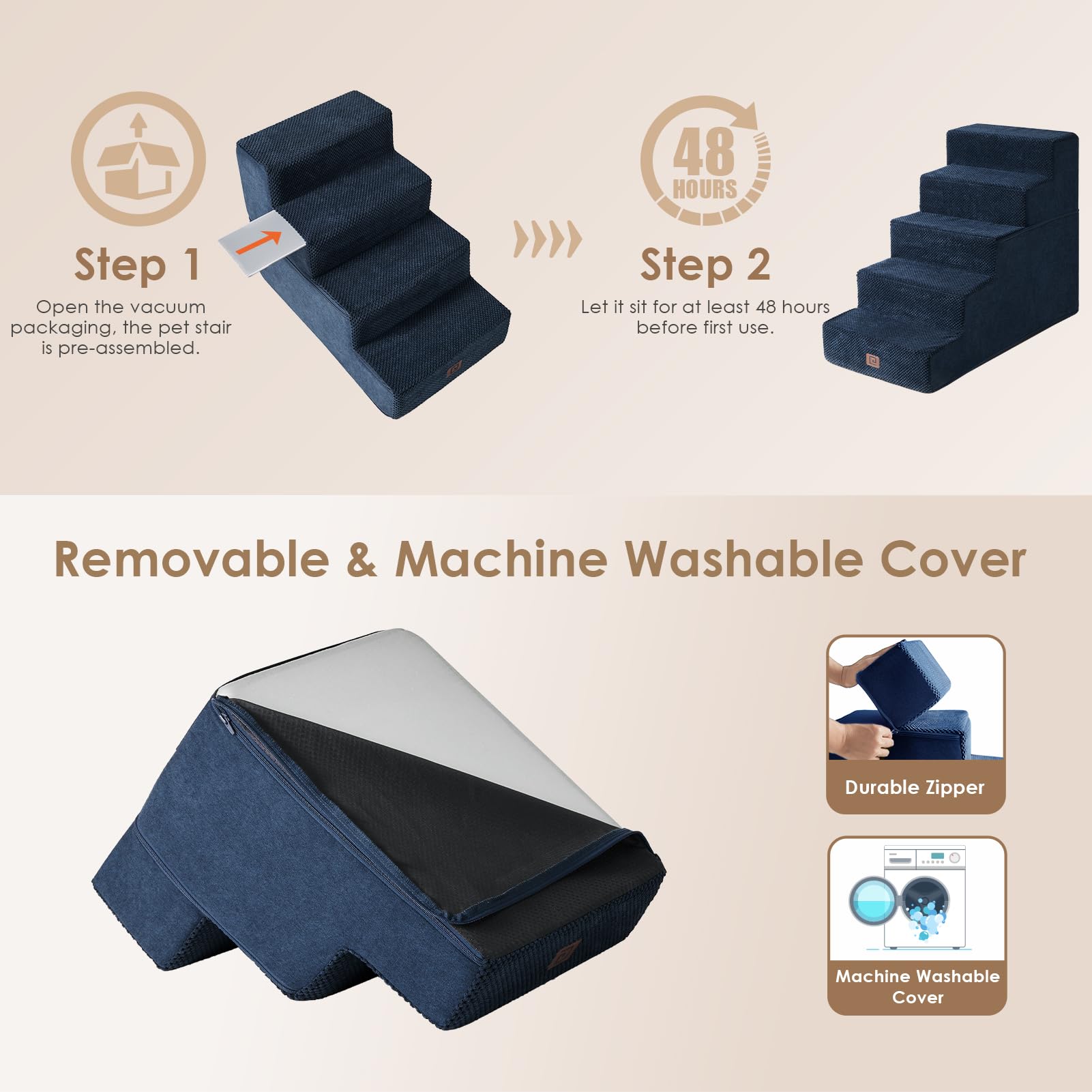 Eheyciga Dog Stairs For High Bed 22.5”H, 5-Step Dog Steps For Bed, Pet Steps For Small Dogs And Cats, Non-Slip Balanced Dog Indoor Ramp, Navy Blue