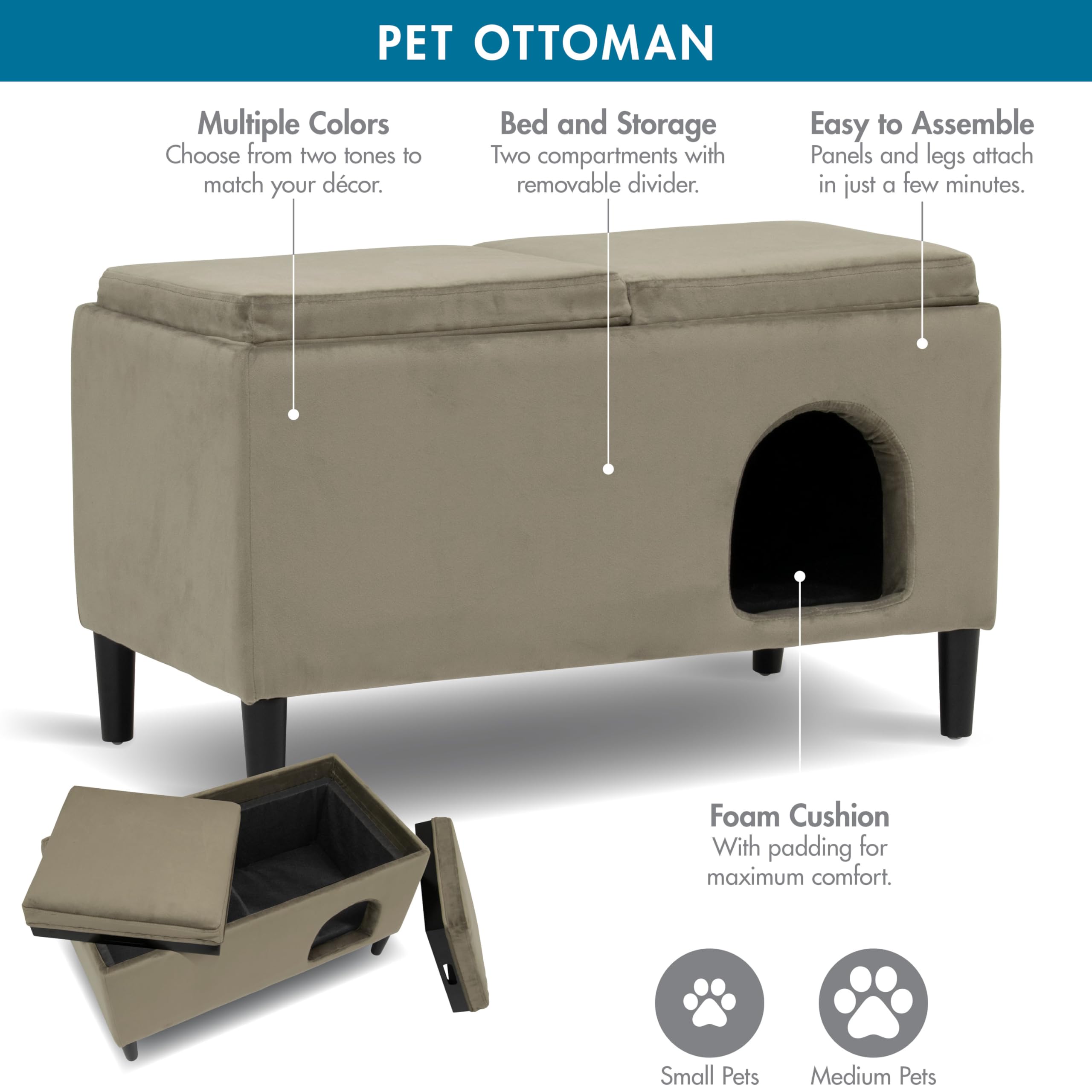 Paws & Purrs Modern 32'' Wide Pet Ottoman Bed For Small To Medium Dog Or Cat, 32.0'' L X 16.0'' W X 18.8'' Th, Ash