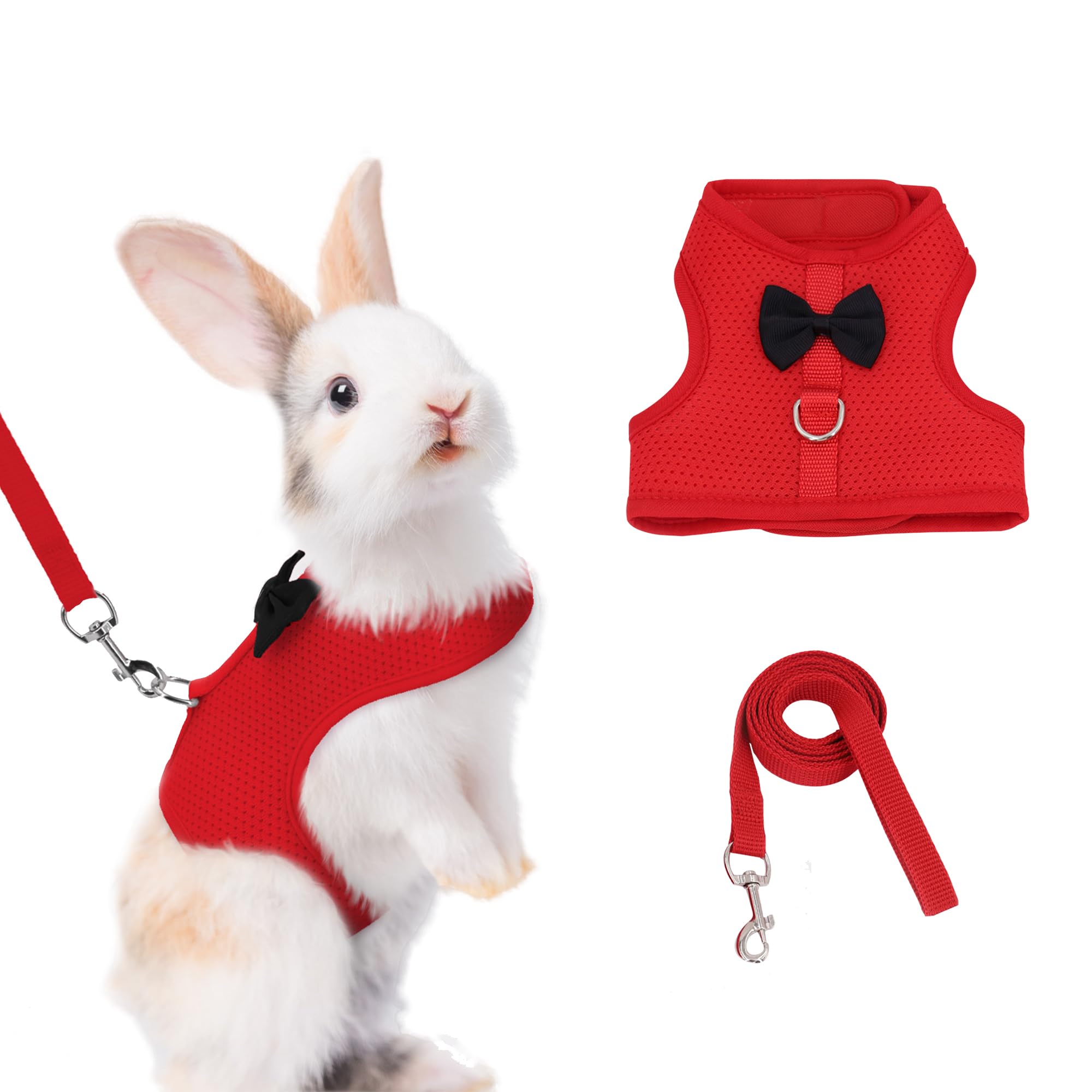 AIITLE Christmas Bunny Harness and Leash Set with Cute Bow, Soft Breathable Mesh Vest Harness for Rabbits Kitten Ferret Small Pi
