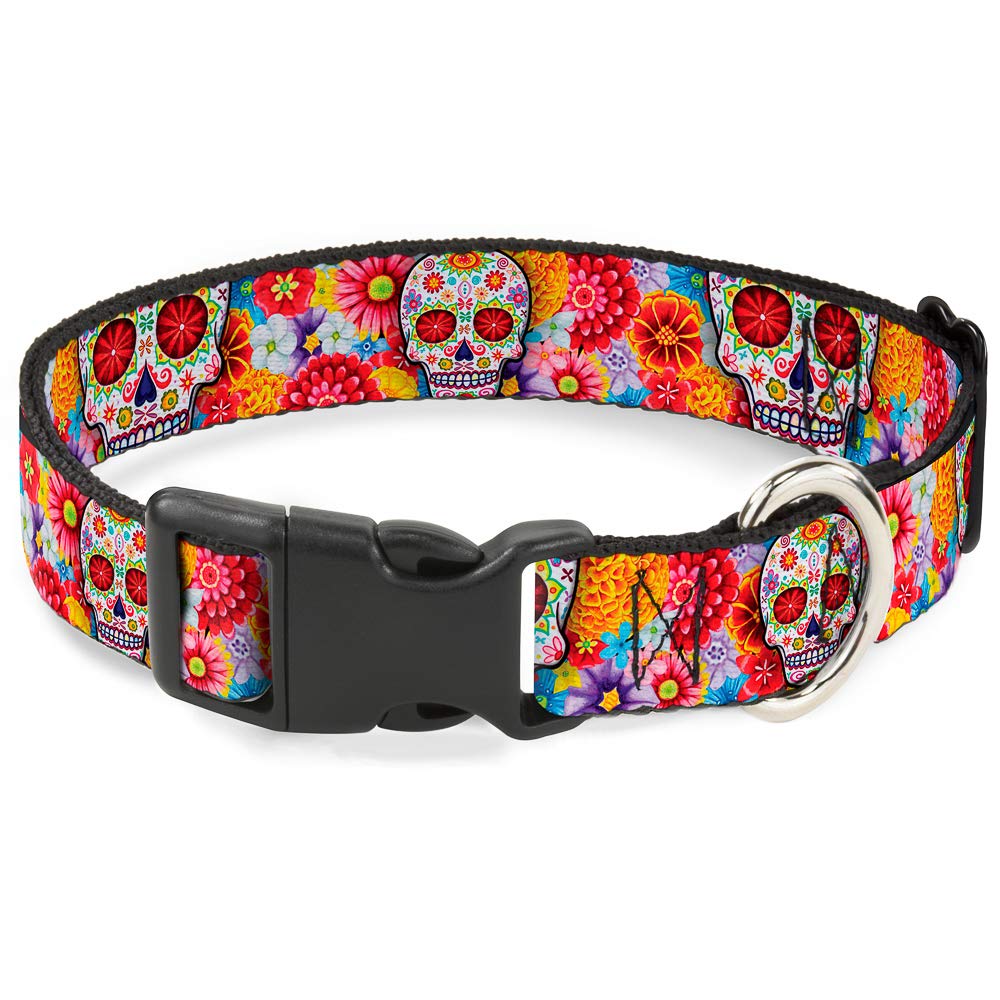 Buckle-Down Plastic Clip Collar - Sugar Skull Starburst White/Multi Color - 1' Wide - Fits 15-26' Neck - Large