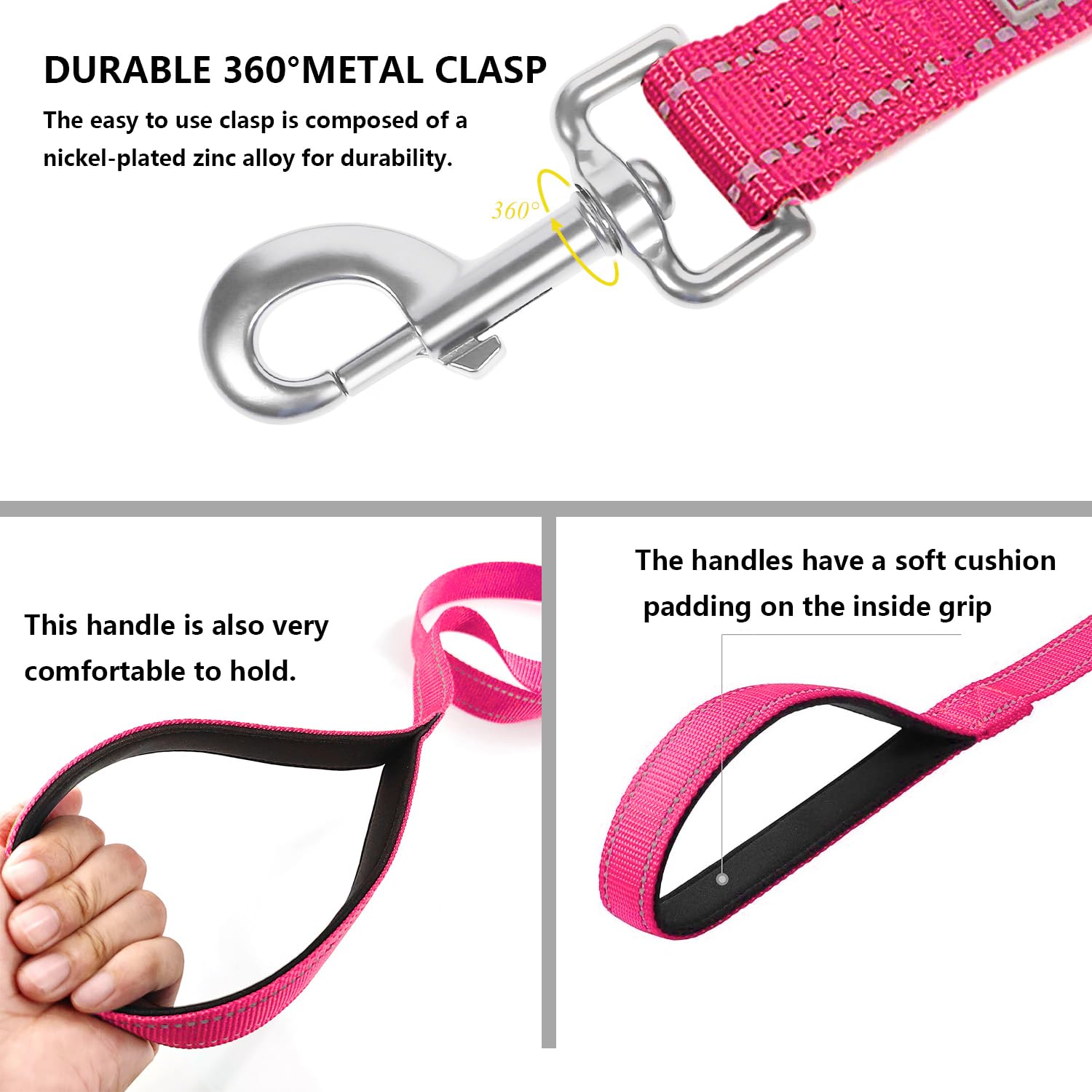 Penseepet Dog Leash 6 Ft Padded Handle Nylon Reflective Dogs Leashes For Large Dogs Hot Pink