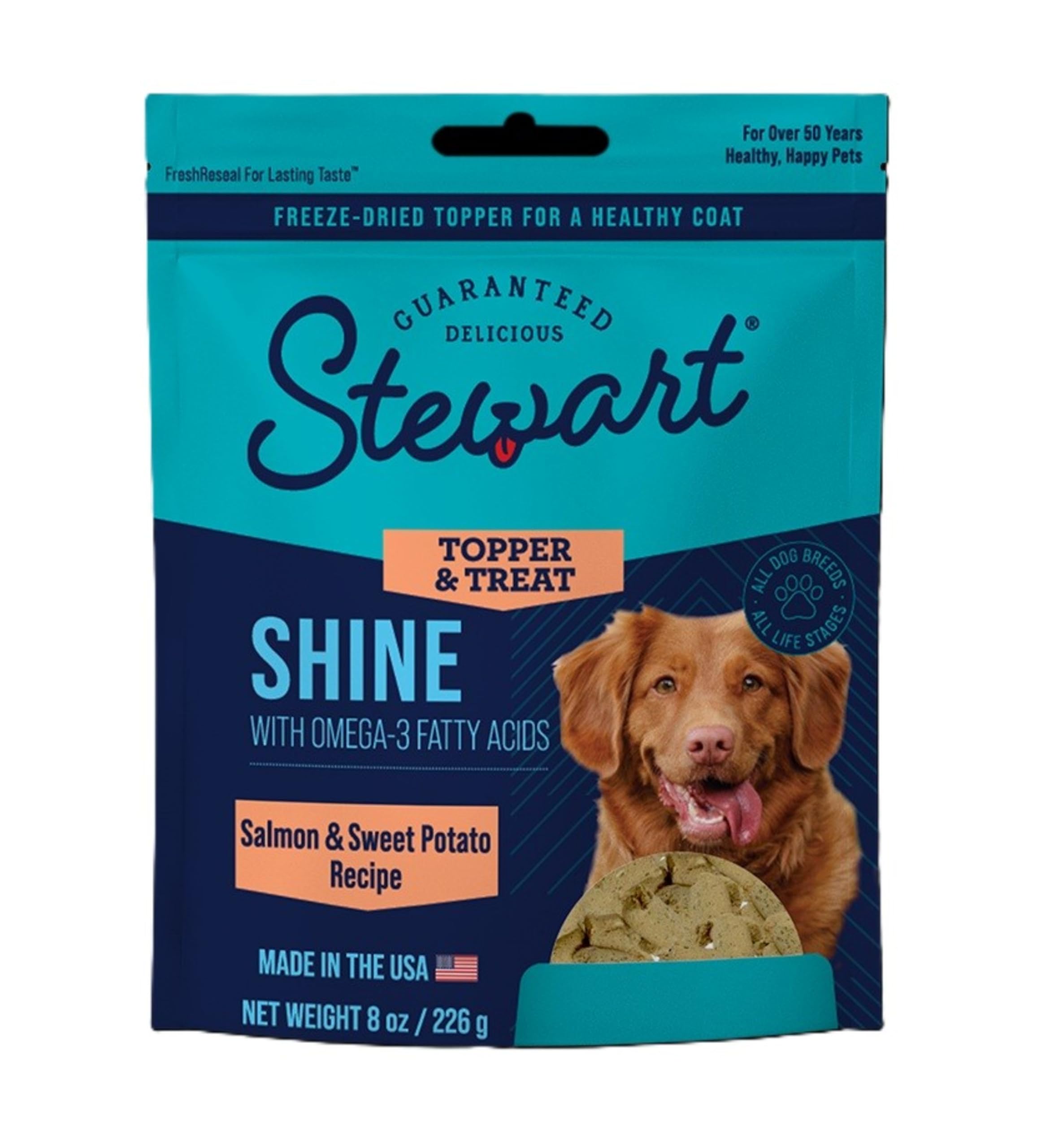 Stewart Freeze Dried Dog Food Topper, Shine, Salmon and Sweet Potato Recipe, 8 Ounce Pouch, Omega-3 for a Healthy Coat