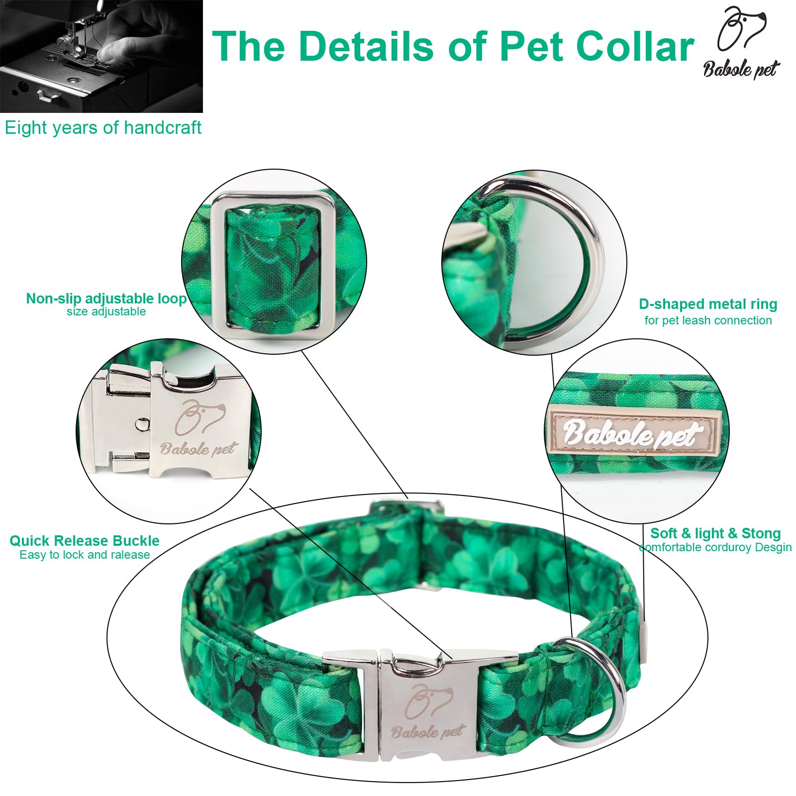 Babole Pet St Patricks Day Dog Collar, Green Shamrock Pet Collar With Metal Buckel, Durable Adjustable Holiday Dog Collars For S