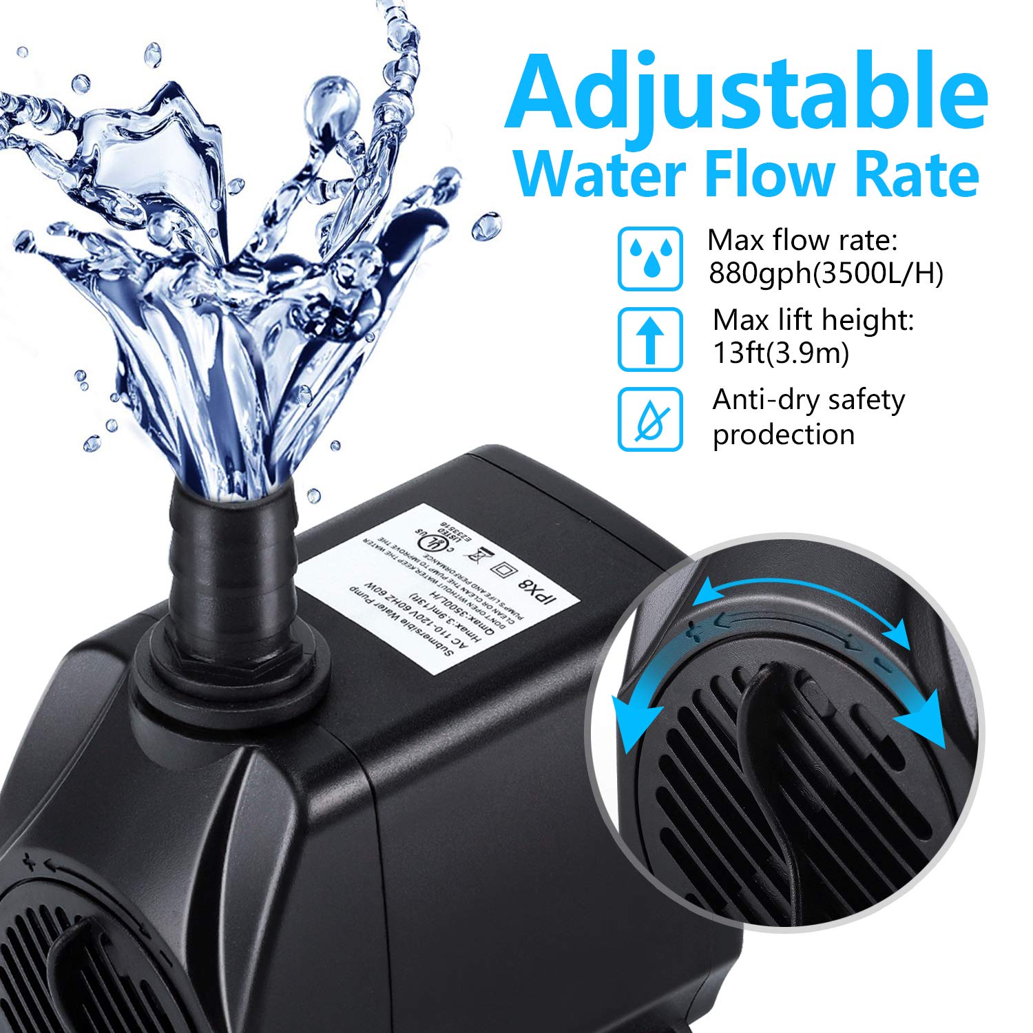 Cwkj Fountain Pump, 880Gph Submersible Water Pump, Durable 60W Outdoor Fountain Water Pump With 6.5Ft Power Cord, 3 Nozzles For