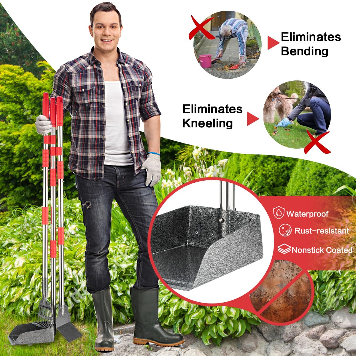 Fusbunty Pooper Scooper, Long Handle Dog Pooper Scooper, Heavy Duty Stainless Steel Rake With Tray & Spade Set For Pet Waste Rem