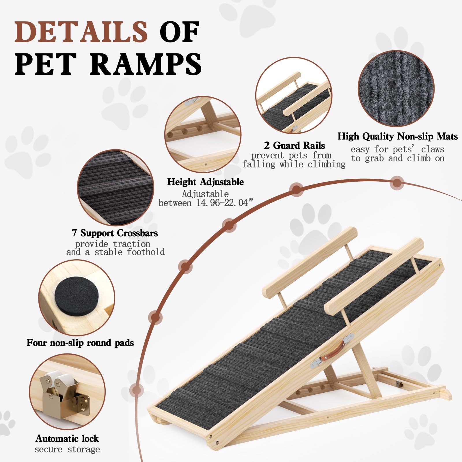 Chuiendi Dog Ramp For Bed, Couch, Car, Folding Pet Ramps 44.48'' Long Adjustable 15''-22'' Wooden Stairs With High Traction Mat