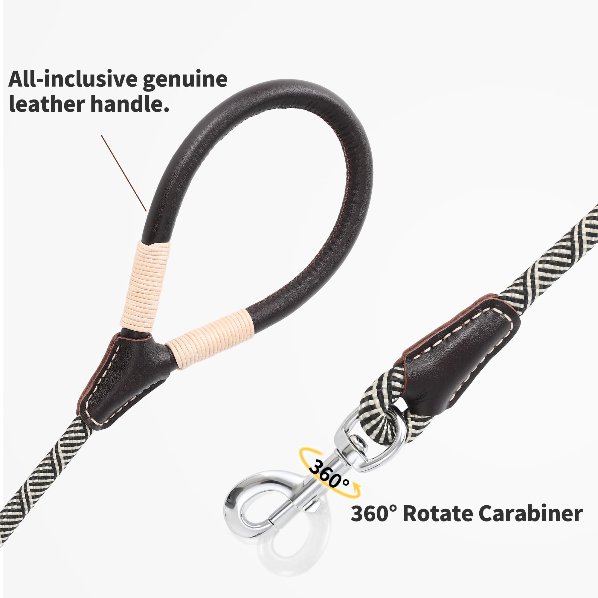 Mile High Life Genuine Leather Wrapped Handle Dog Leash, W Heavy Duty Clasp Rope Leash For Small Medium Large Dogs (Black Beige,