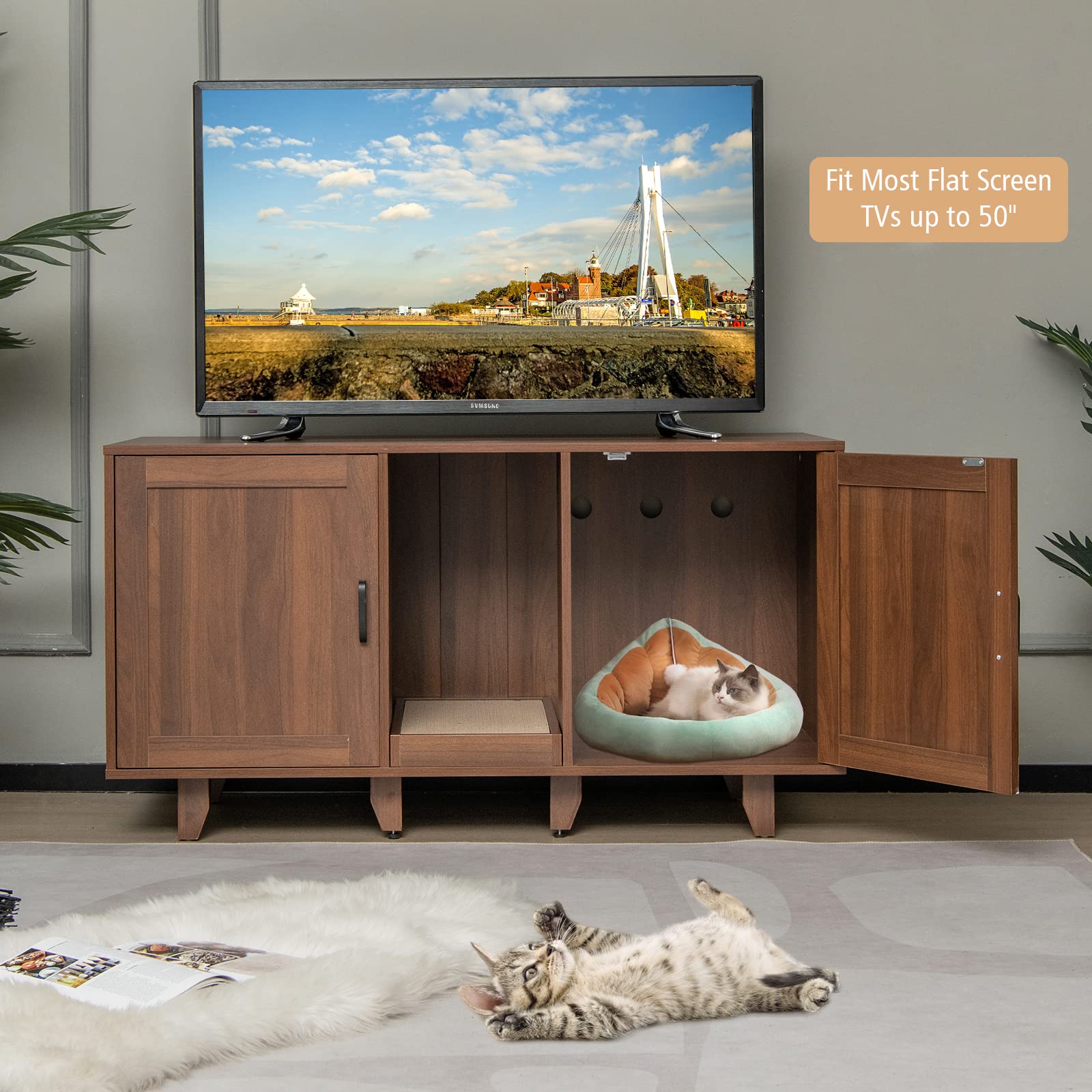 Tangkula Double Cat Litter Box Enclosure For 2 Cats, Large Stackable Hidden Privacy Cat Washroom Cabinet With Scratching Board, Indoor Cat House Tv Stand Side Table, Litter Box Furniture (Brown)