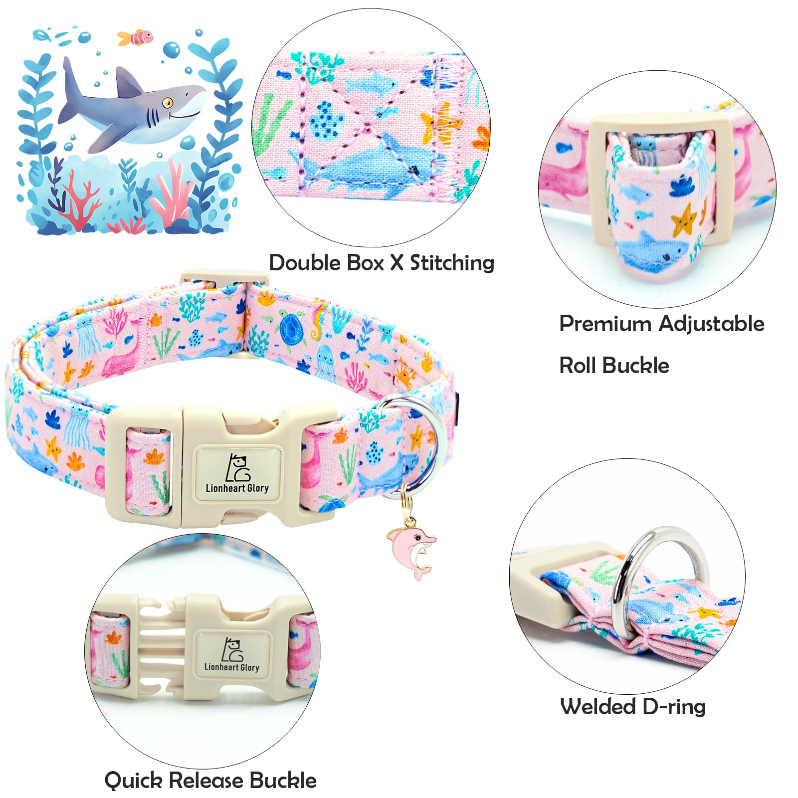 Lionheart Glory Dog Collar Sea Animals Print Pink Dog Collars Male Or Female Spring Summer Cute Collar Pet Gift Durable Adjustab