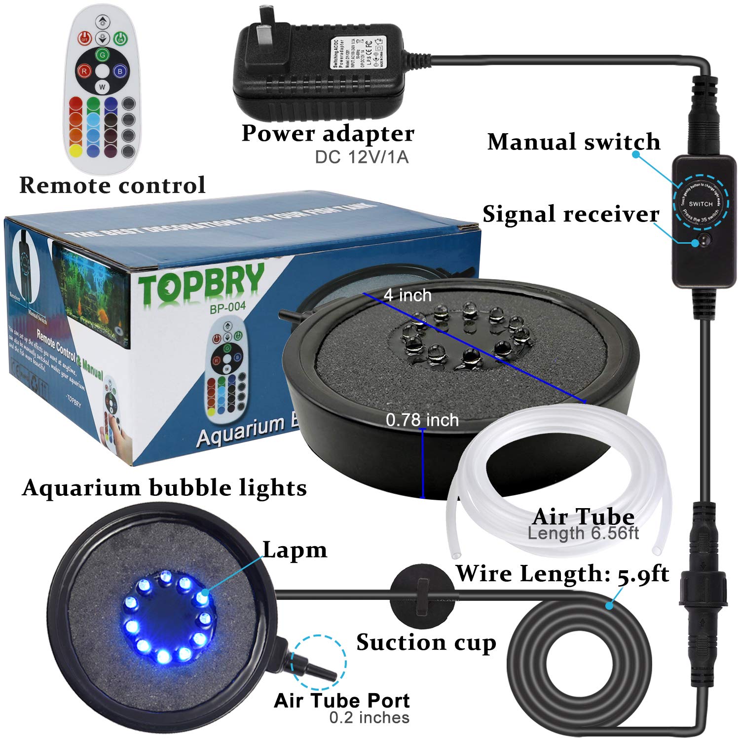 Topbry Aquarium Bubble Led Lights Rgbw, Remote Controlled Air Stone Disk, With 16 Color Changing, 4 Lighting Effects For Fish Ta