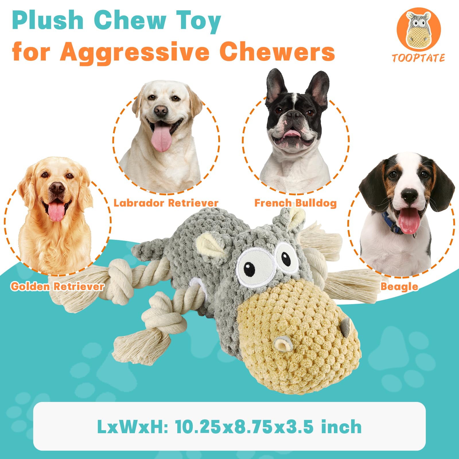 Tooptate Dog Toys For Aggressive Chewers - Squeaky Dog Toys To Keep Them Busy For Large Dogs (Gray, Medium)