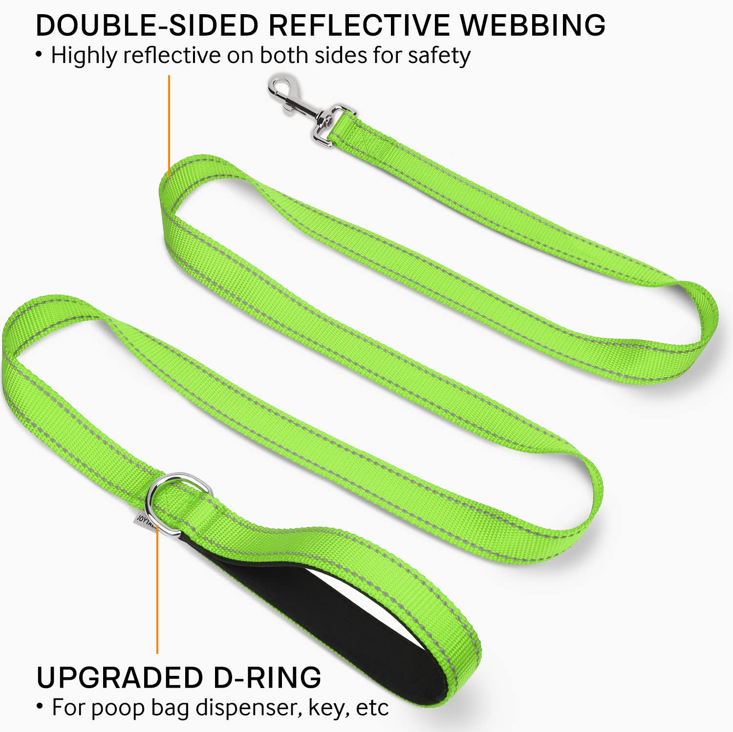 Joytale Double-Sided Reflective Dog Leash, 6 Ft/5 Ft/4 Ft, Padded Handle Nylon Dogs Leashes For Small & Medium Dogs Walking, Green, 6Ft