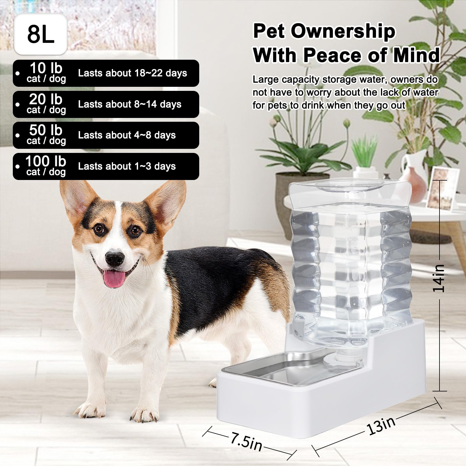 MASOCAT 8L Automatic Large Capacity Dog and Cat Water Dispenser with Stainless Steel Bowl,100% BPA-Free,Gravity Waterer,Suitable