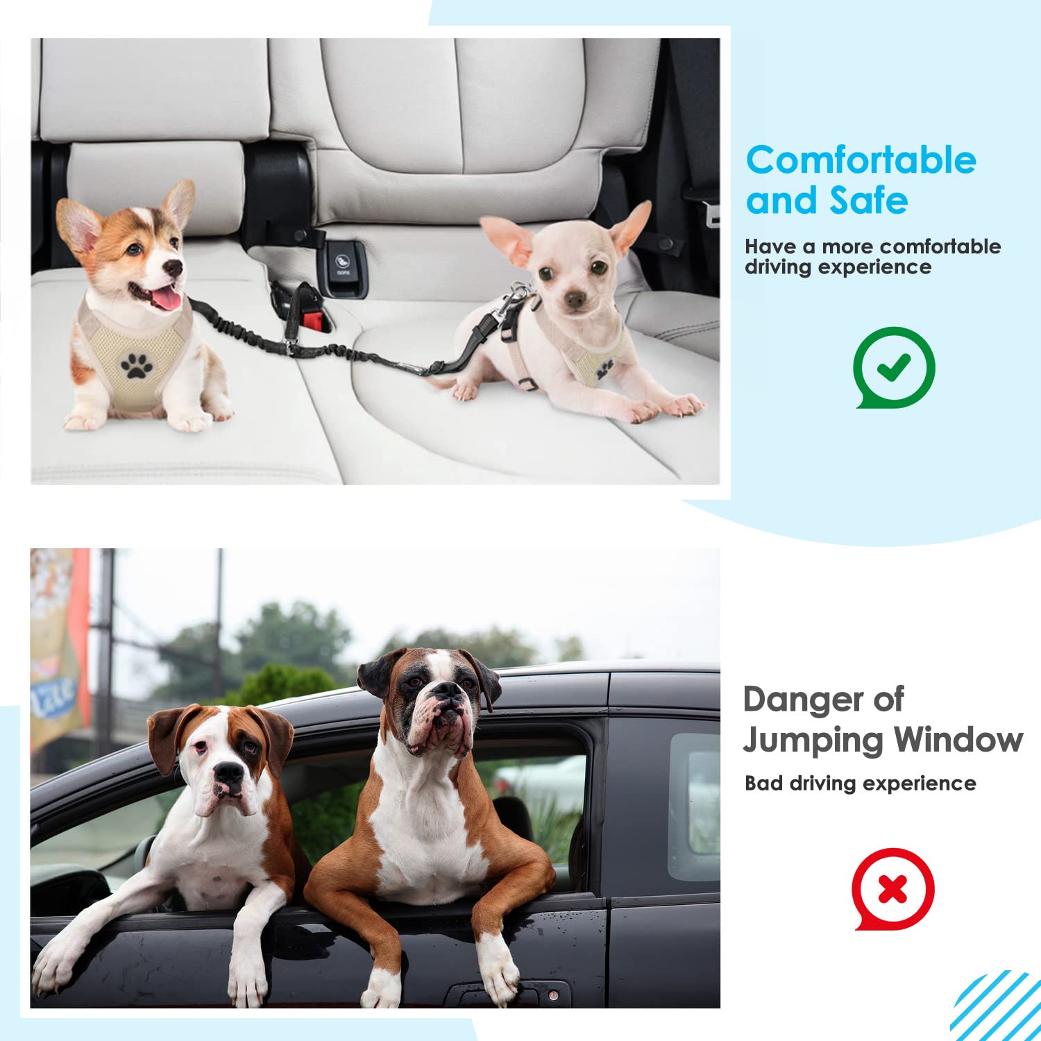 Slowton Dog Seat Belt, Double Dog Seatbelt Adjustable Vehicle Safety Leash With Elastic Bungee Buffer, Reflective No Tangle Y Shape Two Dog Harness Seat Belt Splitter For Pets Car Trip (Black, S)