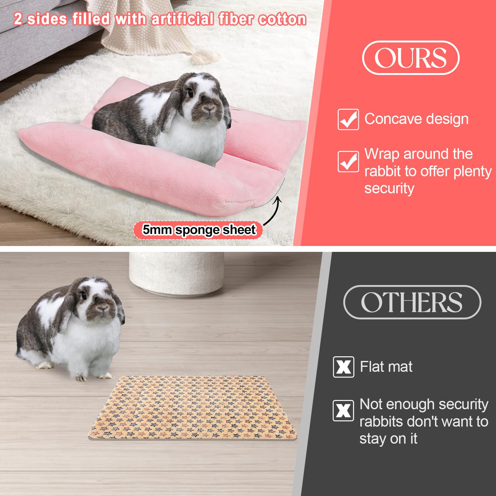 Mewtogo 15.7 X 14In Rabbit Bed, Thickened Soft Bunny Bed, Cuddle Cushion Plush Mat With Cotton Lounger Pillows, Small Pet Flop M