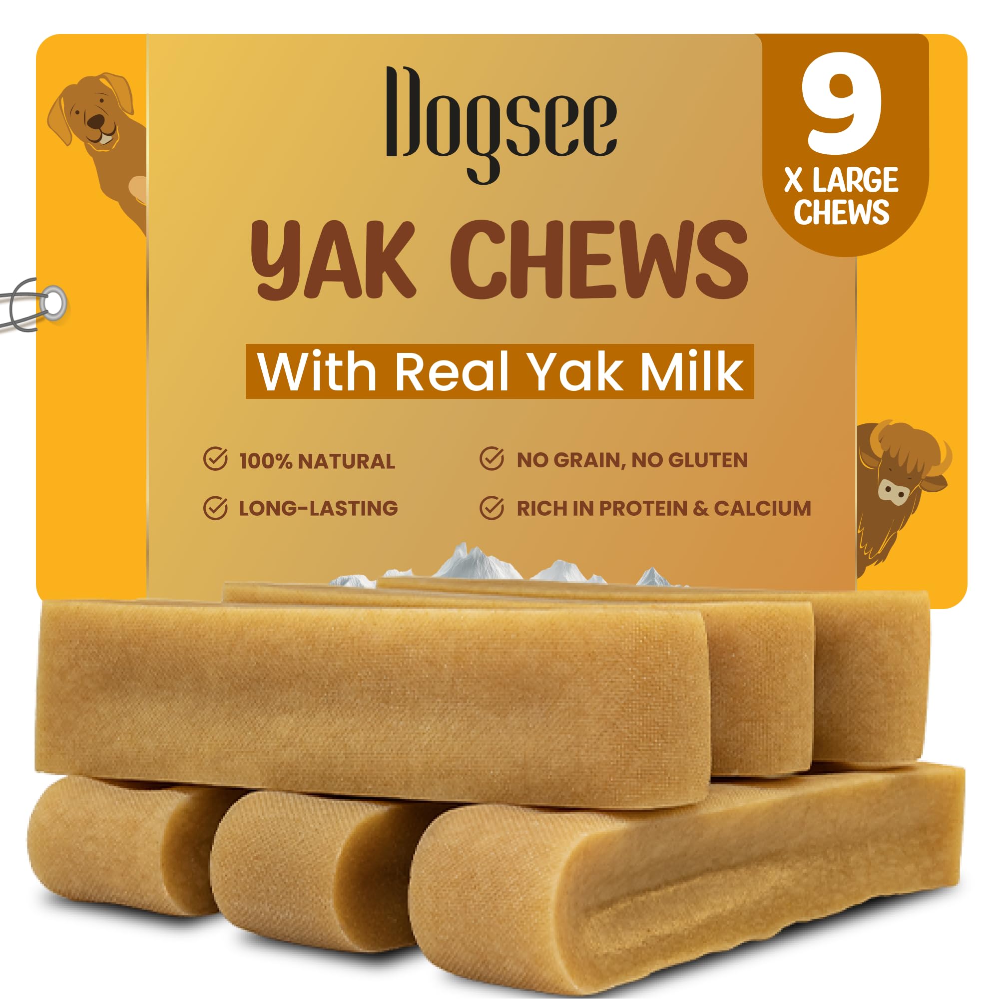 Dogsee Original Himalayan Yak Cheese Chews (XL - 9 Pieces) | Rawhide-Free | Long-Lasting | Fights Plaque & Tartar | Helps Clean