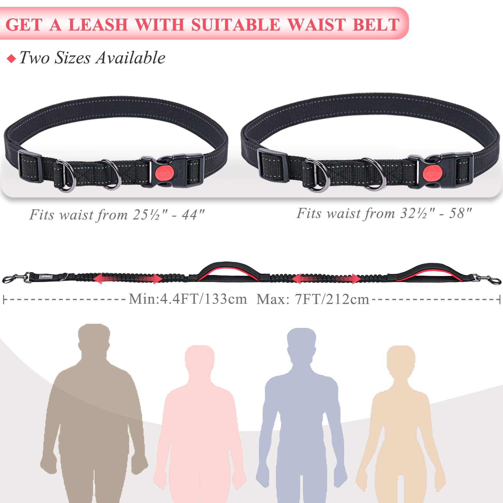 Vivaglory Hands Free Dog Running Leash With Dual Advanced Anti-Shock Bungees And Padded Handles, Reflective Waist Jogging Leash With Adjustable Belt For Training For Medium Large Dogs, Black/Red