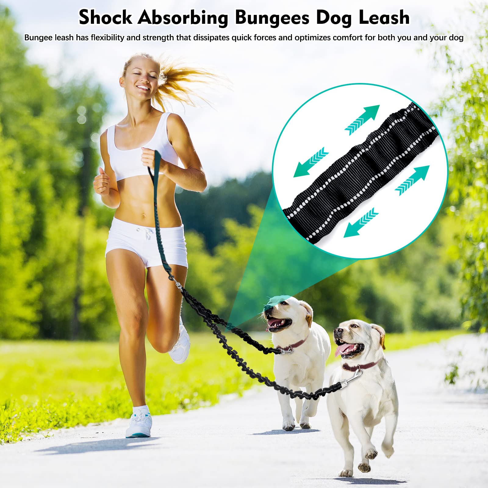 2 Dog Leash, 360° Swivel No Tangle Double Dog Walking & Training Leash, Comfortable Shock Absorbing Reflective Bungee Lead Walk 2 Dogs With Ease