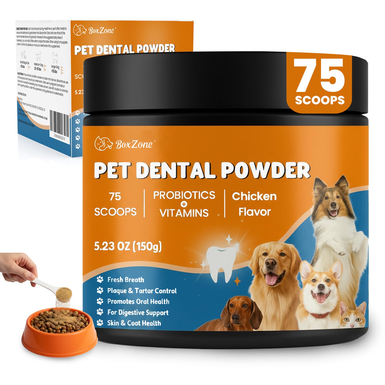 BoxZone Dog Teeth Cleaning Powder - Plaque & Tartar Control, Breath Fresheners with Natural Seaweed, Probiotics, Vitamins, Turme