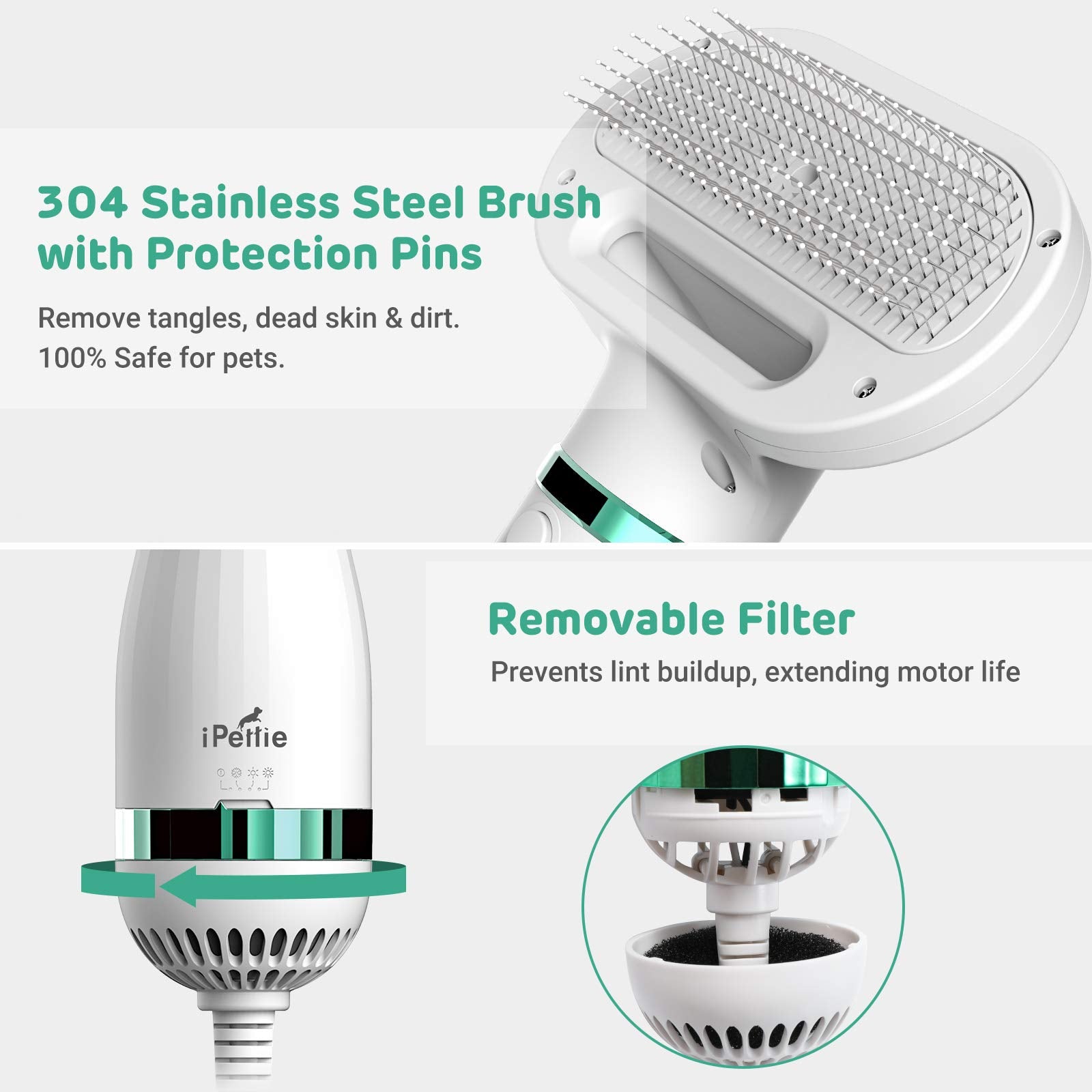 Ipettie Pet Hair Dryer 2 With Slicker Brush, 3 Heat Settings, One-Button Hair Removal, Portable Dog Blower, Professional Home Grooming Furry Drying For Small Large Cat Dog