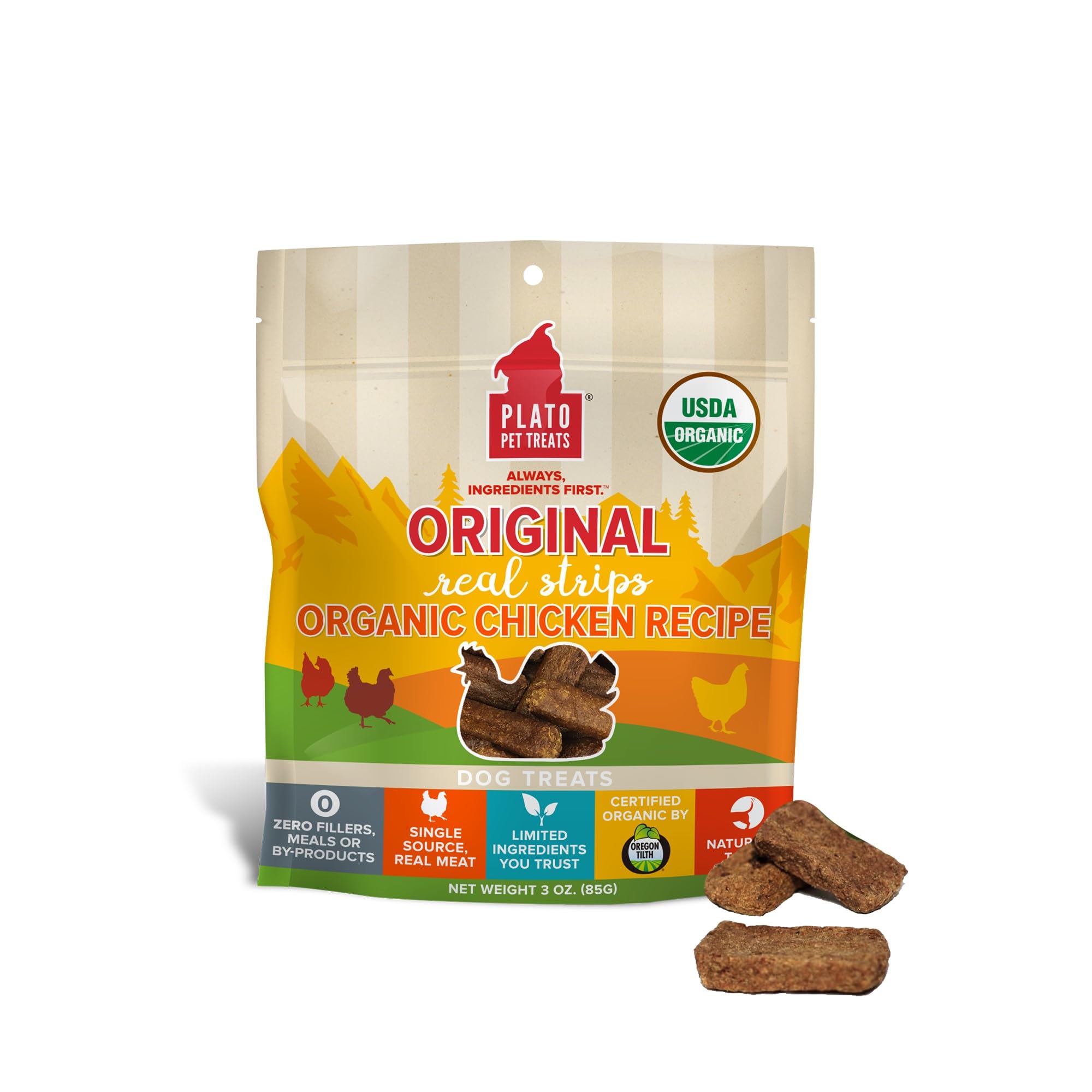 PLATO Original Real Strips Organic Chicken 3oz, Natural (850002221527)
