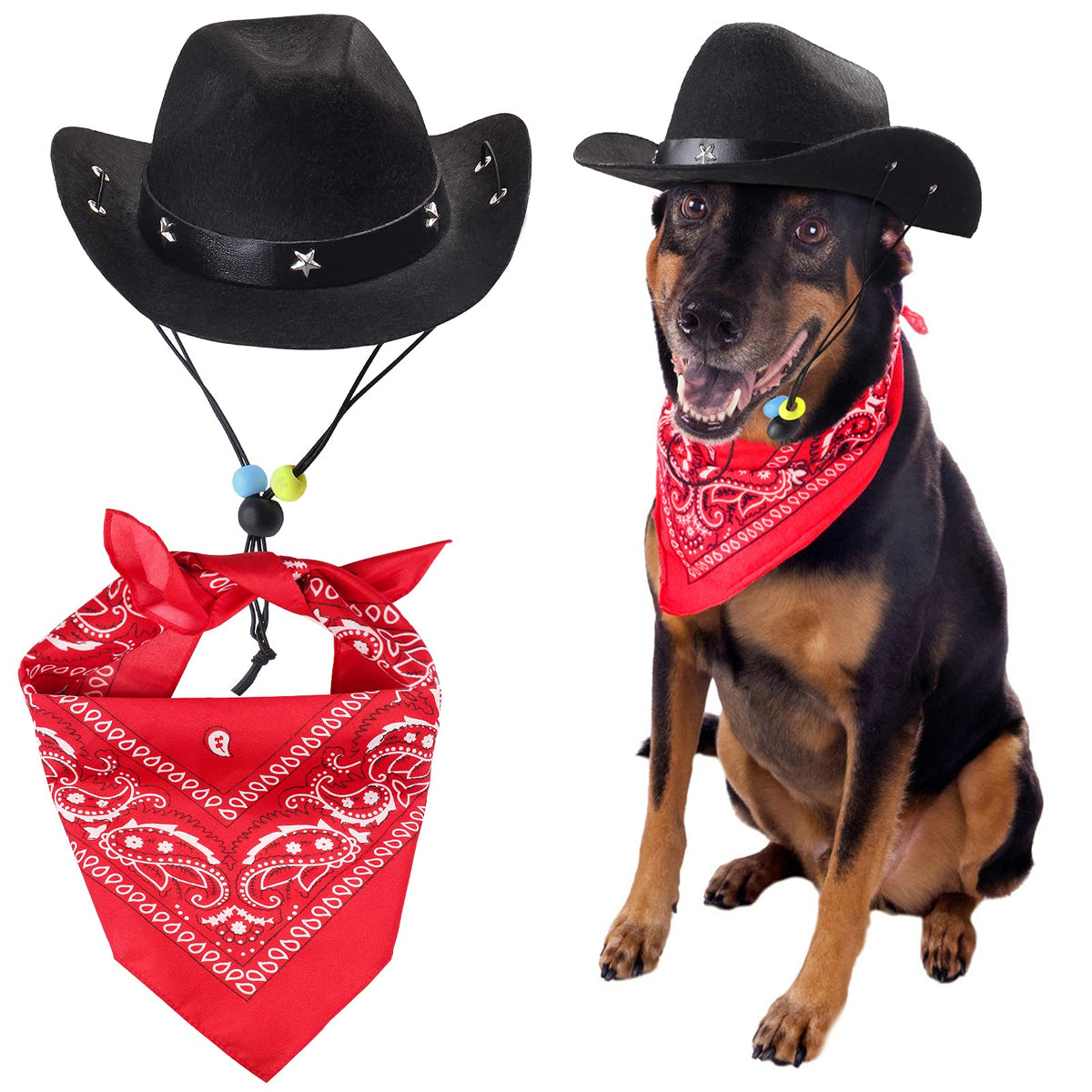 Yewong Pet Cowboy Costume Accessories Dog Cat Pet Size Cowboy Hat And Bandana Scarf West Cowboy Accessories For Puppy Kitten Party Festival And Daily Wearing Set Of (Black Hat+White Bandana)