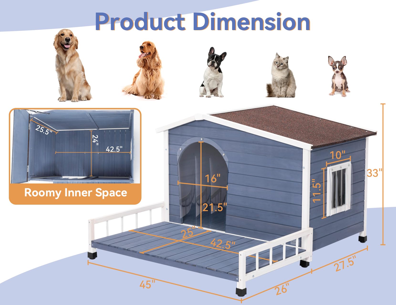 Petsfit Large Dog House With Terrace & Openable Asphalt Roof, 45' L X 54' W X33 H, Xl Dog House Outdoor With Elevated Floor, Window & Door Flap, Outdoor Dog House For Large Dogs