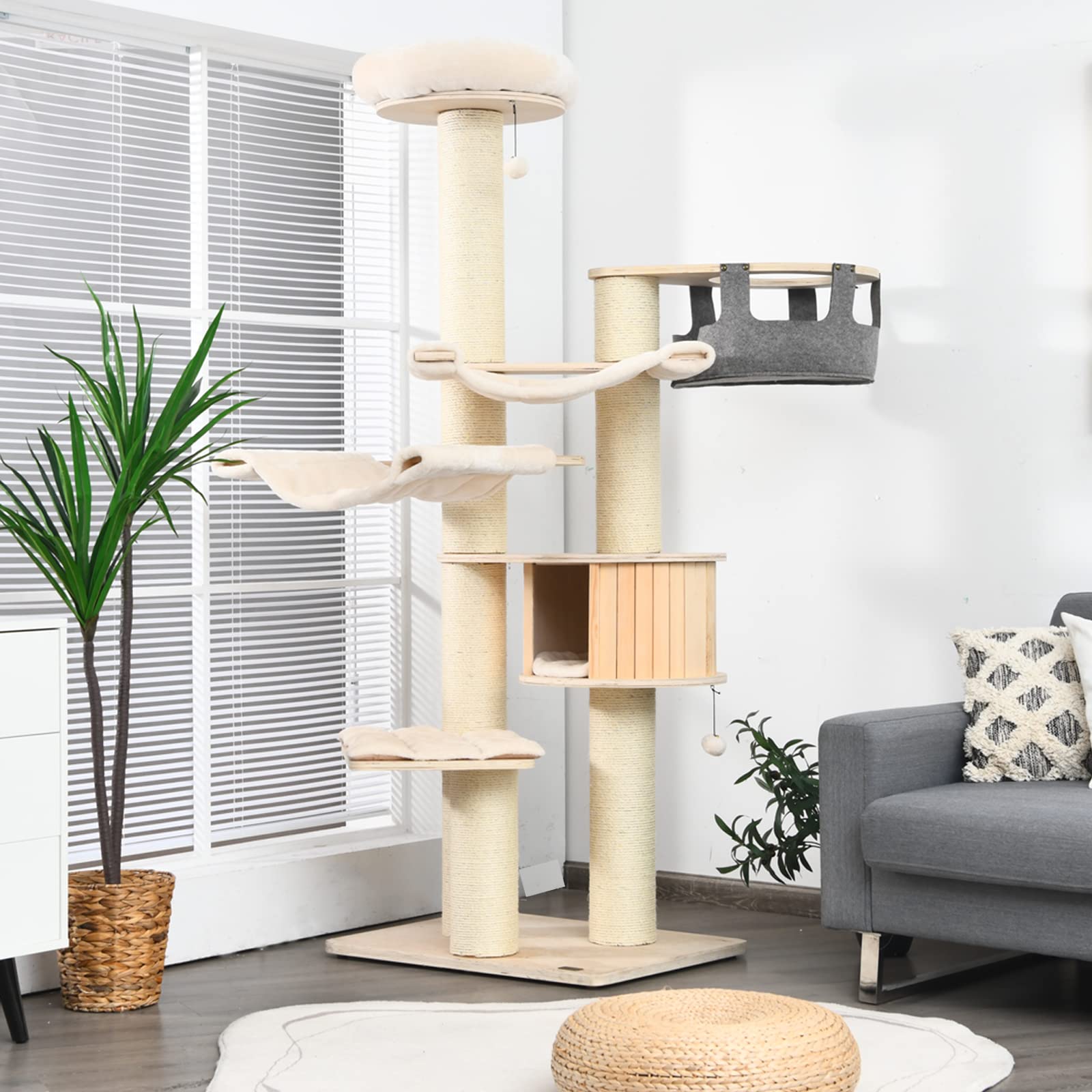 Petsite 77.5'' Tall Cat Tree, Multi-Level Modern Cat Tower With Sisal Scratching Posts, Top Perch, Cat Condo, Hammocks, Hanging 