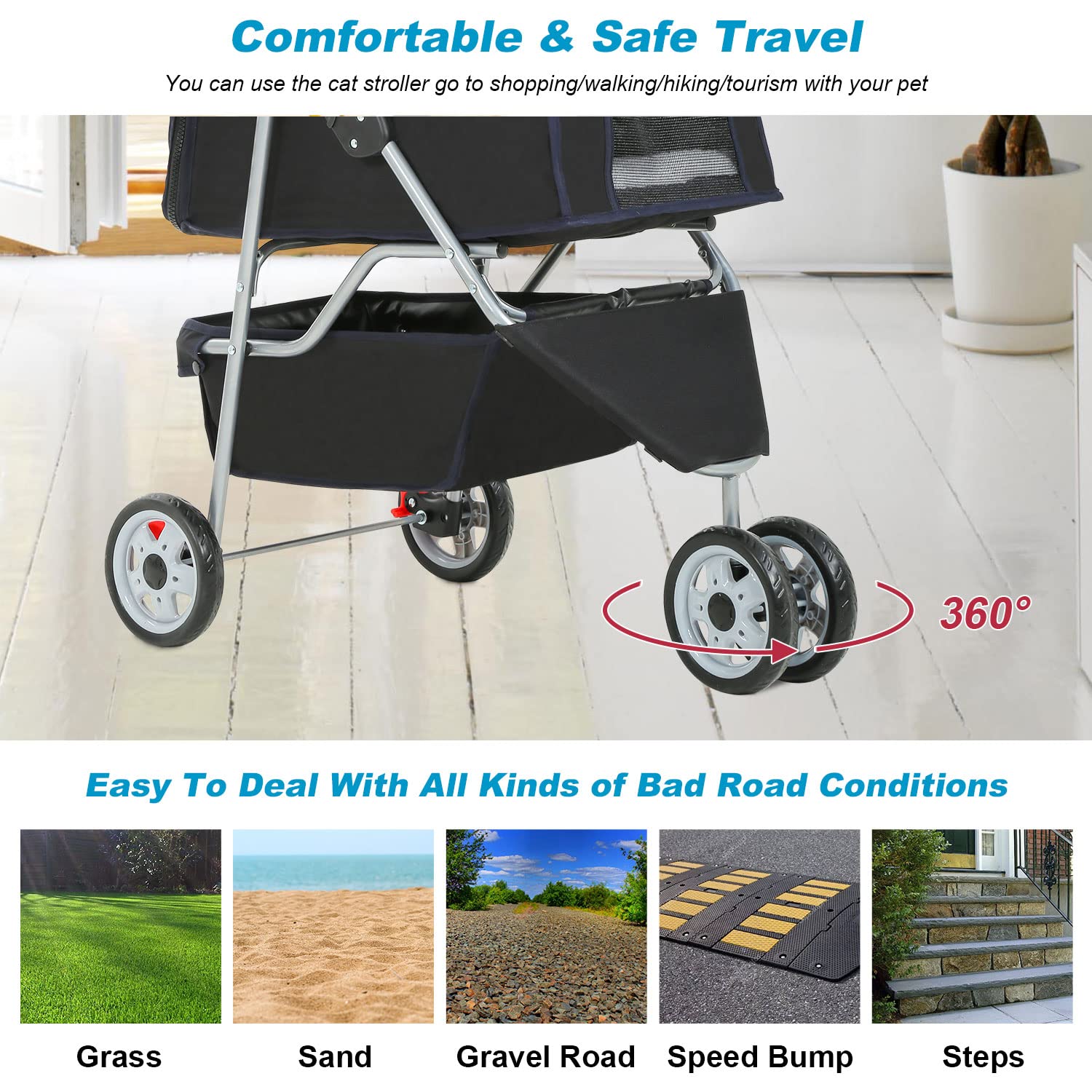 BestPet 3 Wheels Pet Stroller Dog Cat Cage Jogger Cats Travel Folding Carrier Waterproof Puppy with Cup Holder & Removable Liner