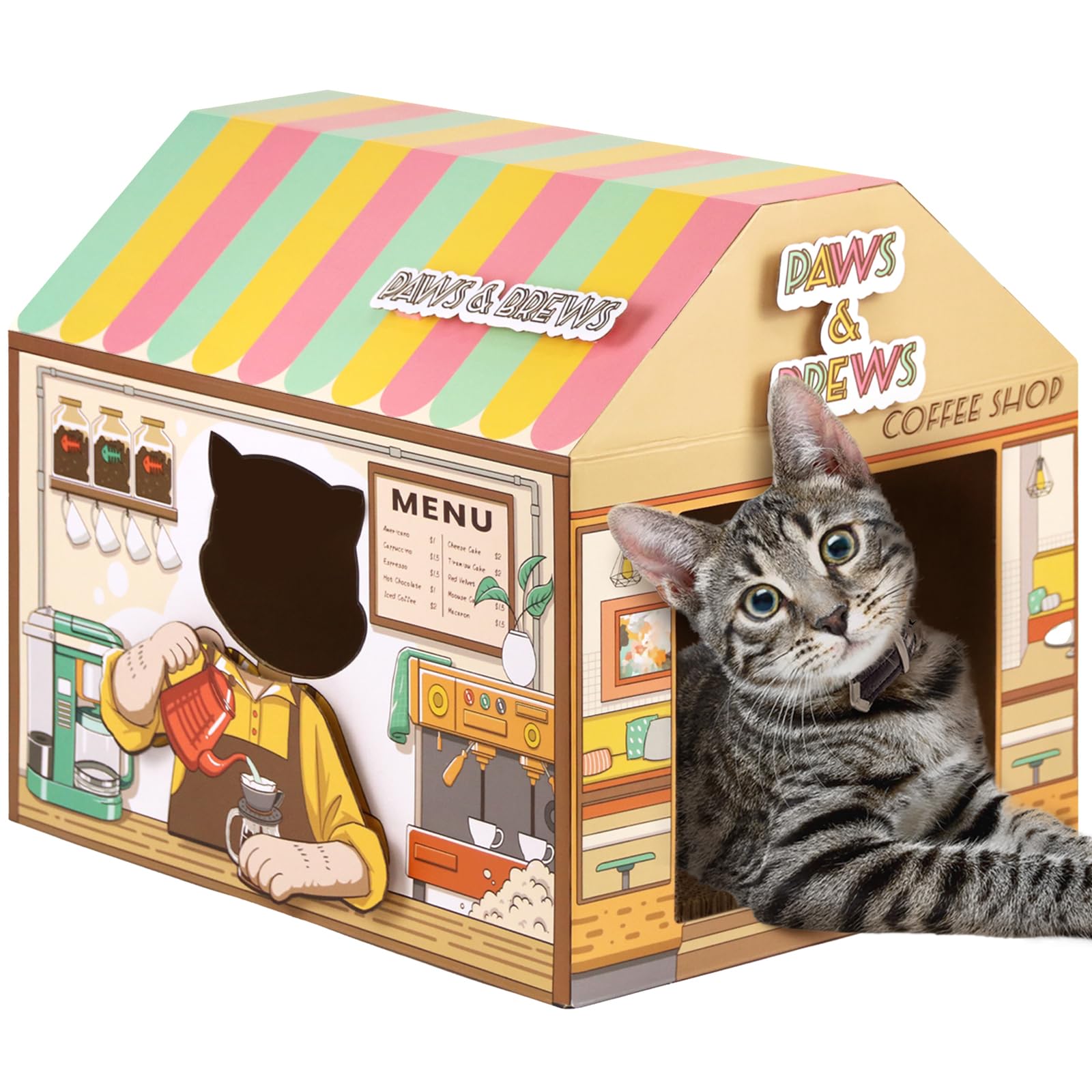 Sekam Cardboard Cat House With Scratcher/Catnip,(16.5'X12'X15') Kitty Coffee Shop For Indoor/Outdoor Cats,Cat Play House&Home