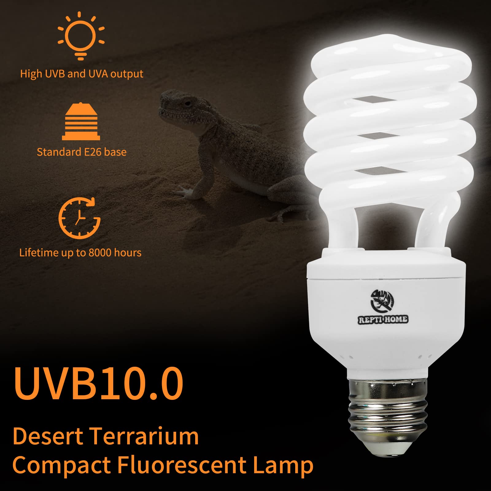 Repti Home Uvb Reptile Light 10.0, 13W Desert Uva Uvb Bulb For Reptiles, Compact Desert Terrarium Lamp, Reptile Uvb Light Bulb F