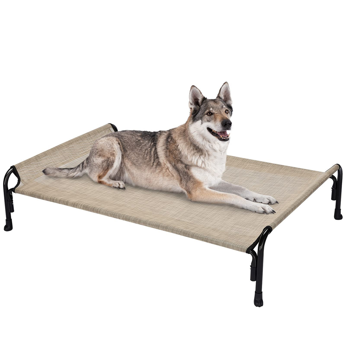 Veehoo Elevated Dog Bed, Outdoor Raised Dog Cots Bed For Large Dogs, Cooling Camping Elevated Pet Bed With Slope Headrest For Indoor And Outdoor, Washable Breathable, Large, Beige Coffee, Cwc2204