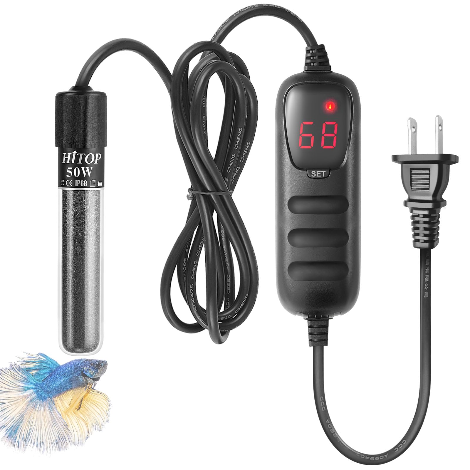 Hitop Mini Submersible Aquarium Heater - 50W Digital Heater For Fish Tank Turtle Tank 5-15 Gallon, Saltwater And Fresh Water Wit