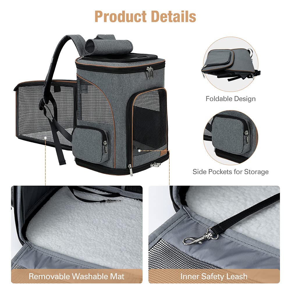 Lekereise Pet Carrier Backpack Expandable Cat Backpack For Medium Dogs And Large Cats 20-25 Lbs, Grey