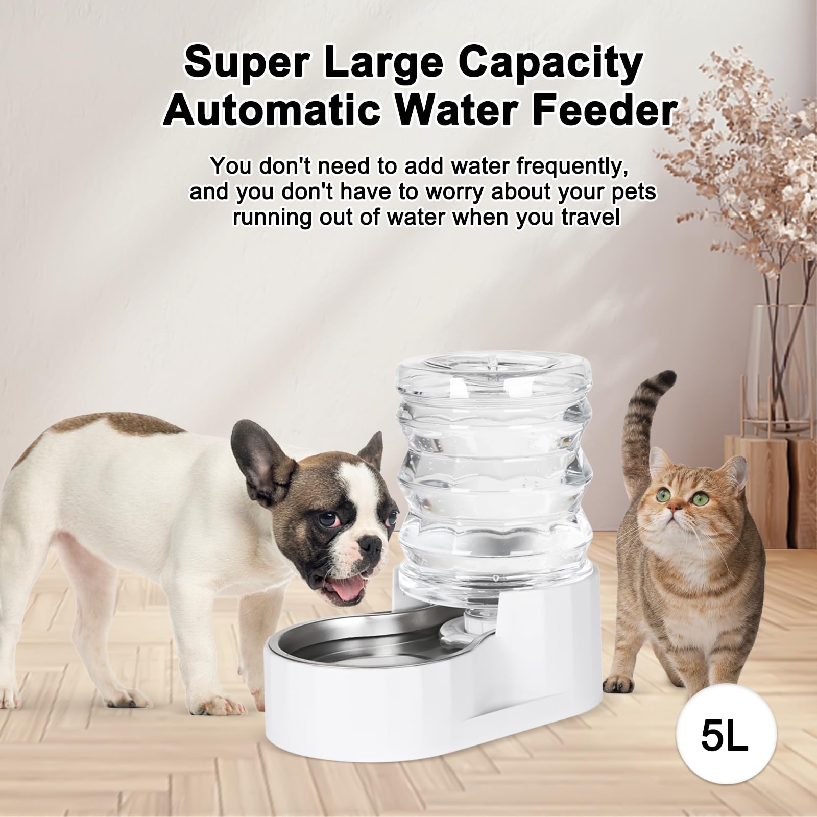 Rizzari Automatic 5L Pet Waterer, Gravity Stainless Steel Water Dispenser, 100% Bpa-Free, Large Capacity Water Feeder For Cats And Small And Medium-Sized Dogs(5L)