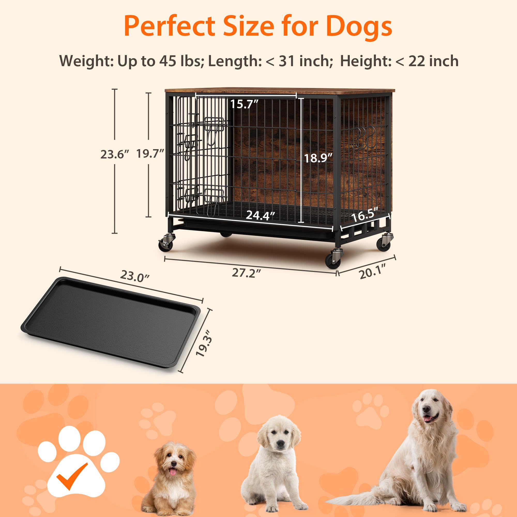 Upgraded Large Dog Cage Furniture,38.6 L x 25.6 W x 26.8 H, Indoor Pet Cage with Double Doors, Detachable Tray and 360 Casters,
