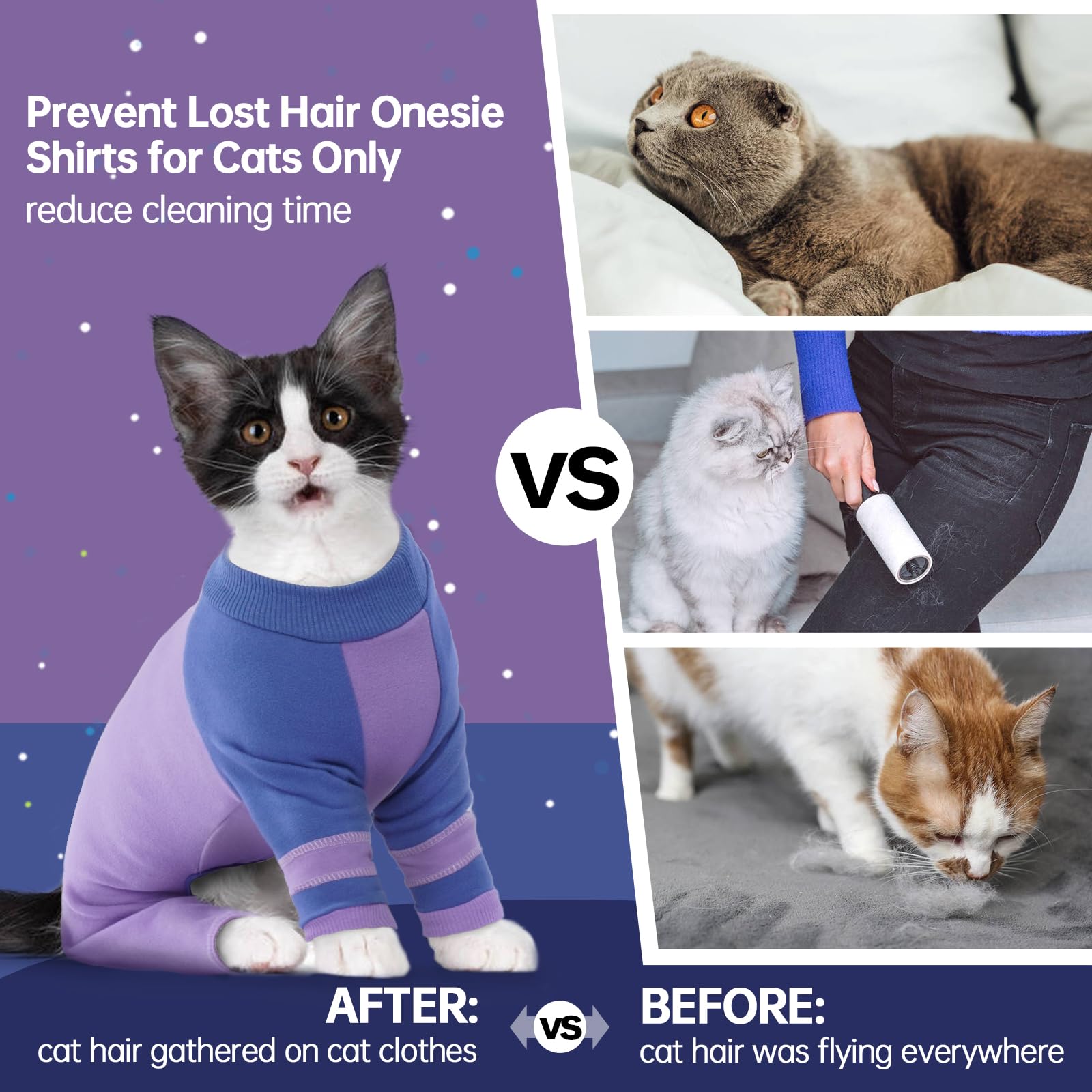 Sticky Hair Cat Clothes,Cat Recovery Suit Cat Pajamas For Cats Only, Sphynx Hairless Cats Sweater, Kitten Hair Sticky Onesie Cat