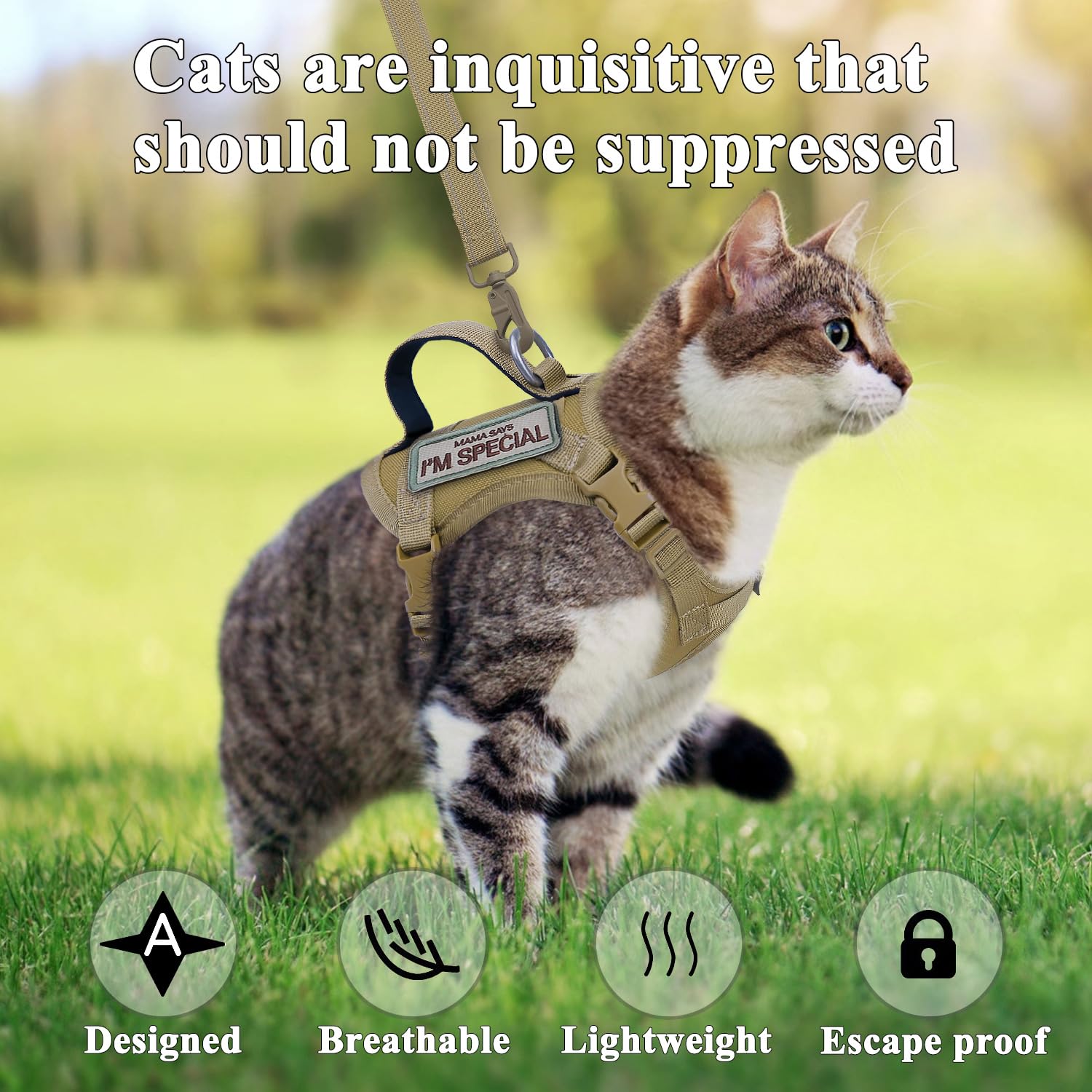 Tactical Cat Harness For Walking Escape Proof, Soft Mesh Adjustable Pet Vest Harness For Large Cat, Small Dog And Khaki (Khaki,