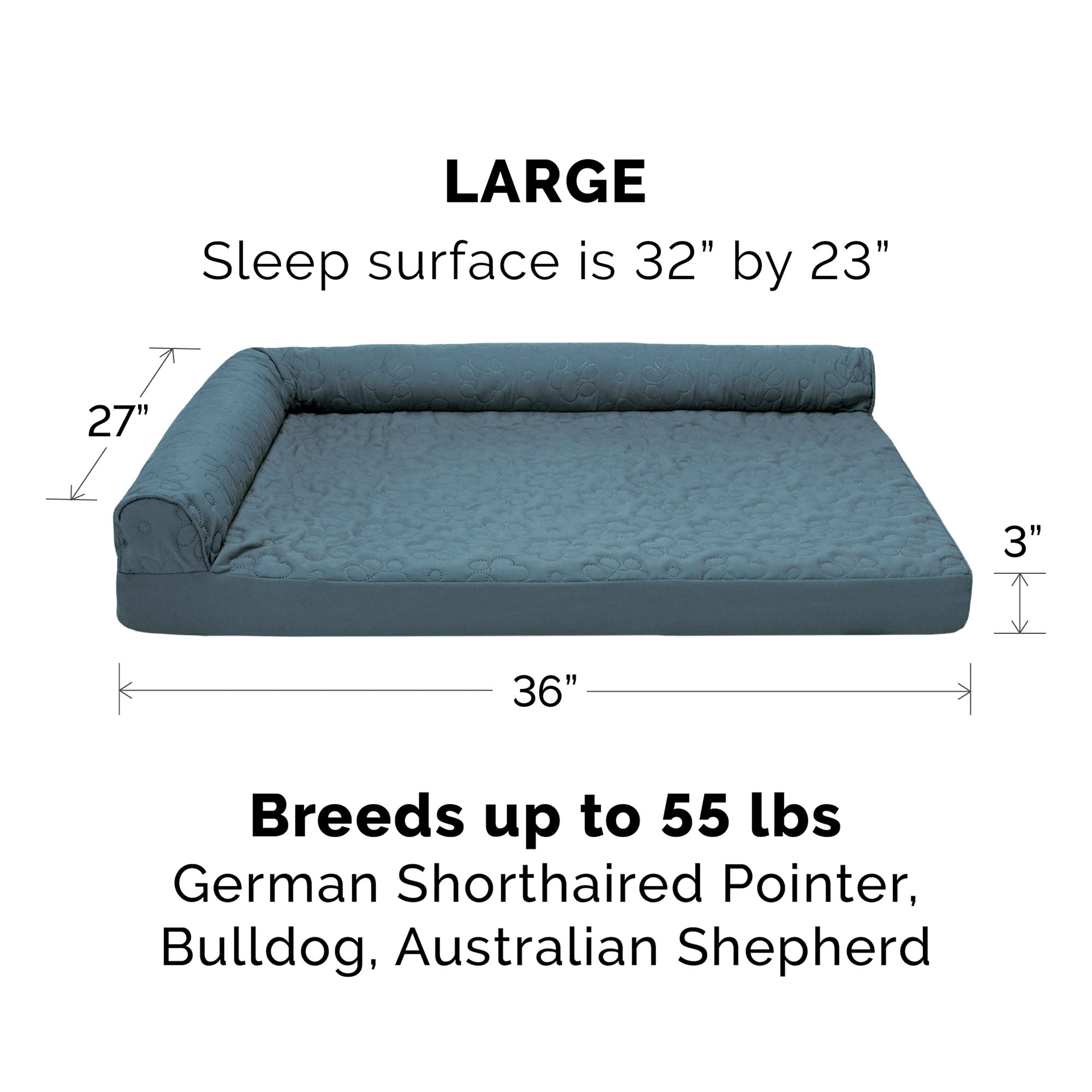 Furhaven Orthopedic Dog Bed For Large/Medium Dogs W/ Removable Bolsters & Washable Cover, For Dogs Up To 55 Lbs - Pinsonic Quilted Paw L Shaped Chaise - Bluestone, Large