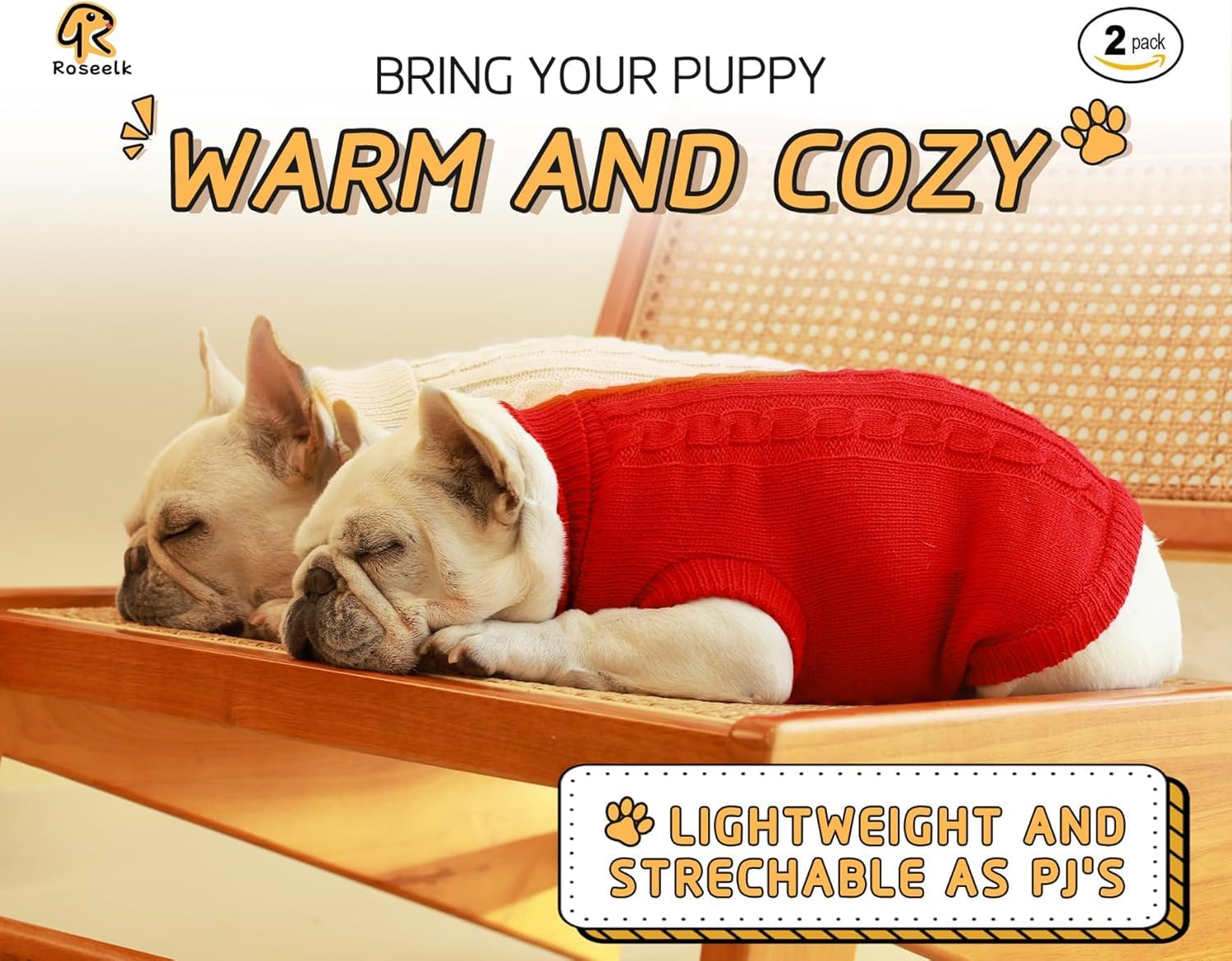 Roseelk 2 Pack Dog Sweaters For Small Dogs - Puppy Medium/Large Warm Clothes In Winter, Turtleneck Pullover Design For Boy Girl Pet, Doggie, Cat, Kitten Chihuahua Bulldog Pug Beagles (3Xl, Red, Beige)