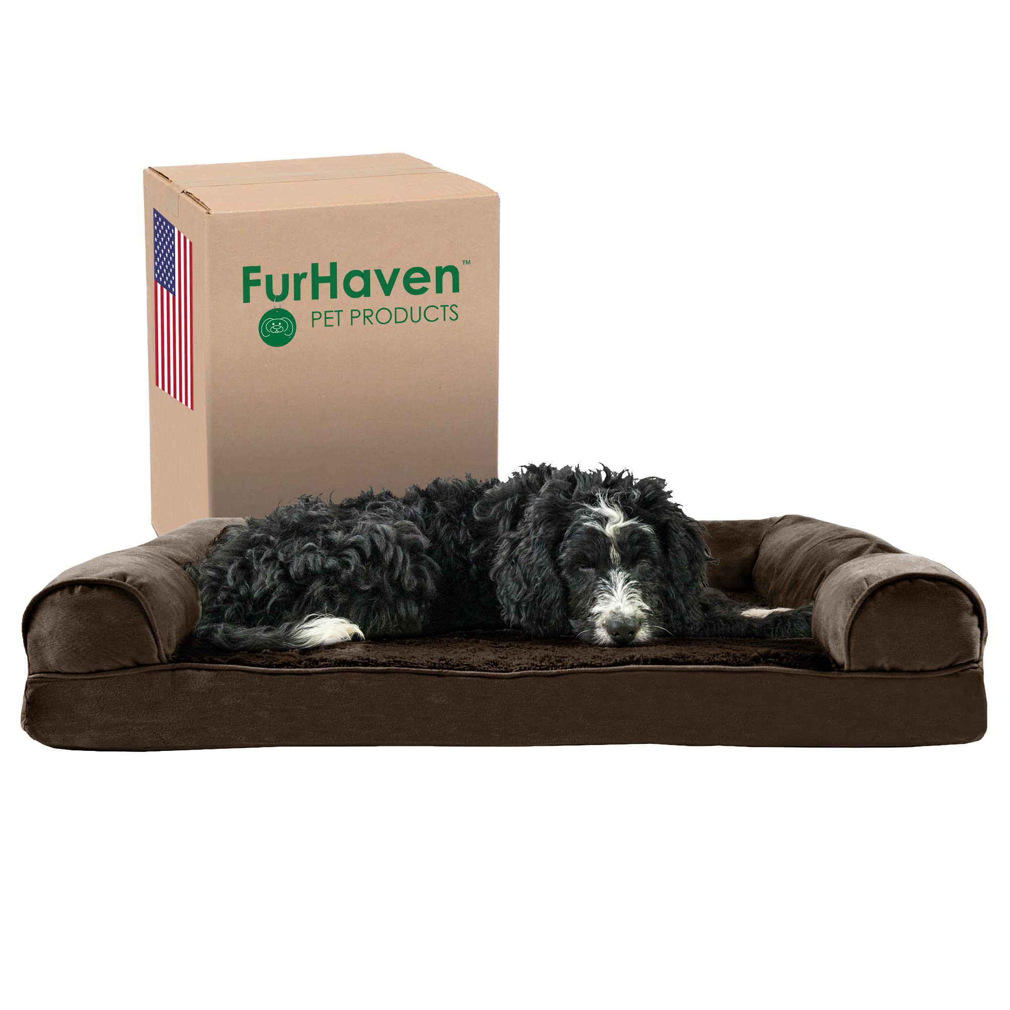 Furhaven Memory Foam Dog Bed For Large/Medium Dogs W/ Removable Bolsters & Washable Cover, For Dogs Up To 55 Lbs - Plush & Suede Sofa - Espresso, Large
