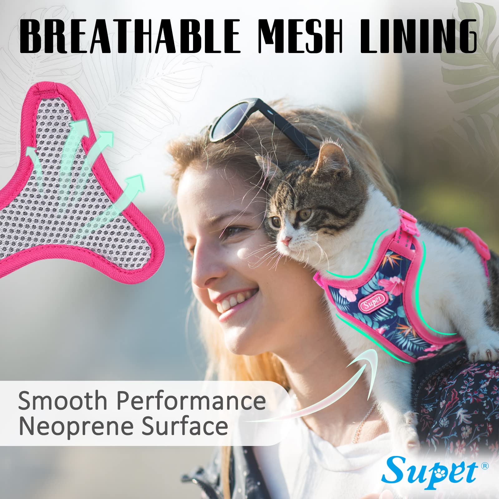 Supet Cat Harness And Leash Escape Proof For Walking, Adjustable For Large And Small Kittens Dogs
