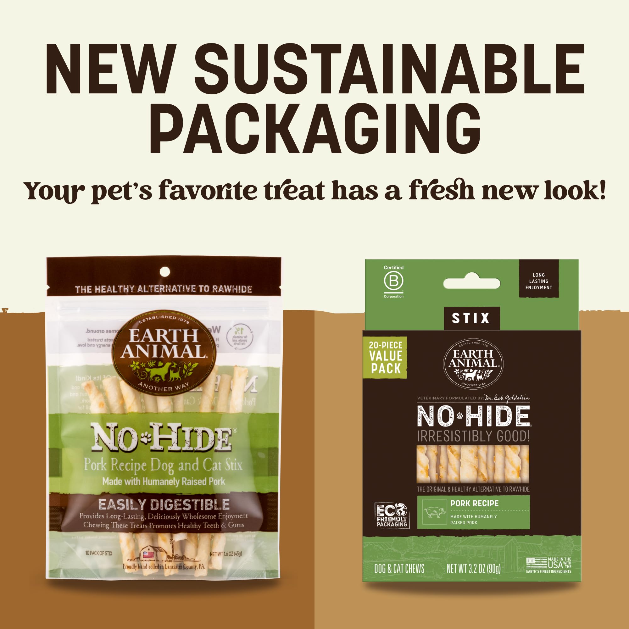 Earth Animal No Hide Stix - Long Lasting Rawhide Free Small Dog Chews Sticks, Pork - 40 Count Extra Value Pack