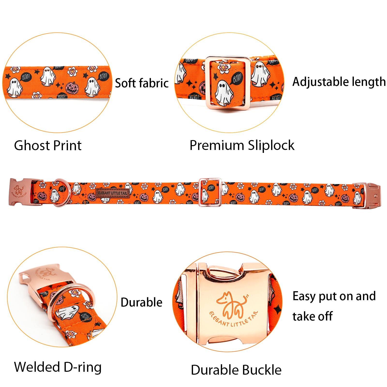 Elegant Little Tail Pumpkin Print Cotton Dog Collar - Adjustable With Metal Buckle For X-Small Puppy