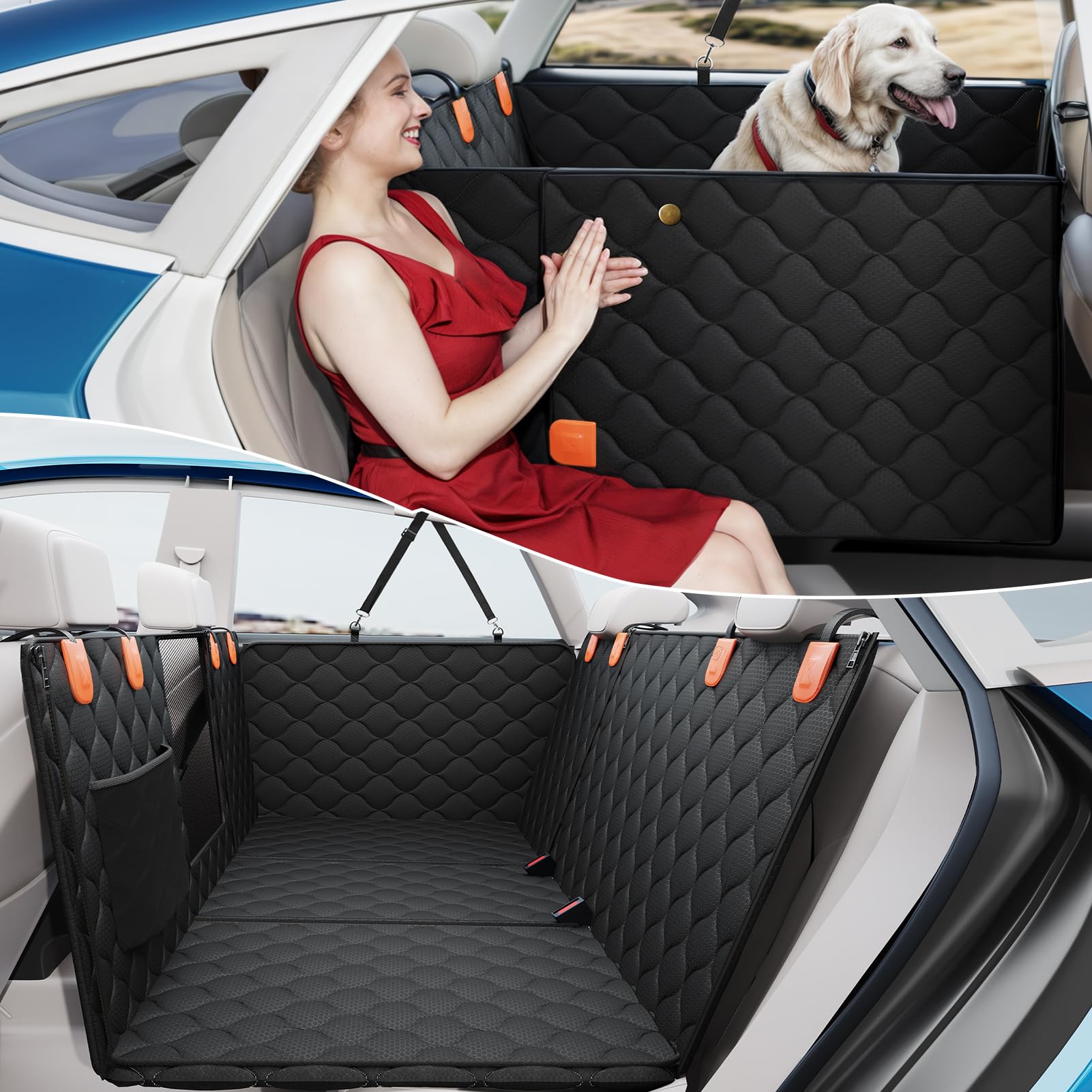 Peticon Convertible Back Seat Extender For Dogs, Dog Car Seat Cover Hard Bottom Holds 400 Lbs, Waterproof Dog Hammock Backseat P